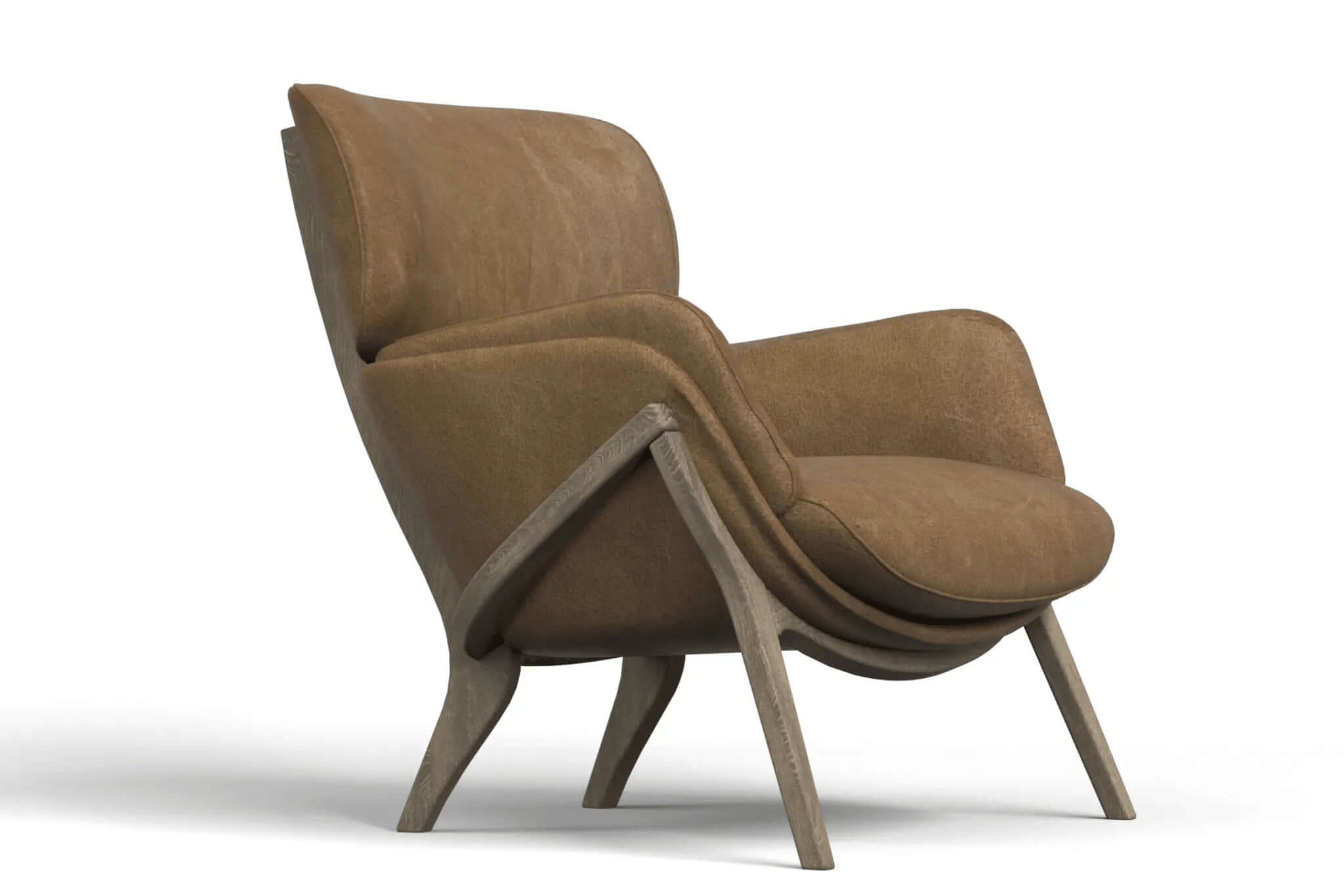 3D CAD rendering of Aspen Lounge Chair with leather upholstery and wooden frame