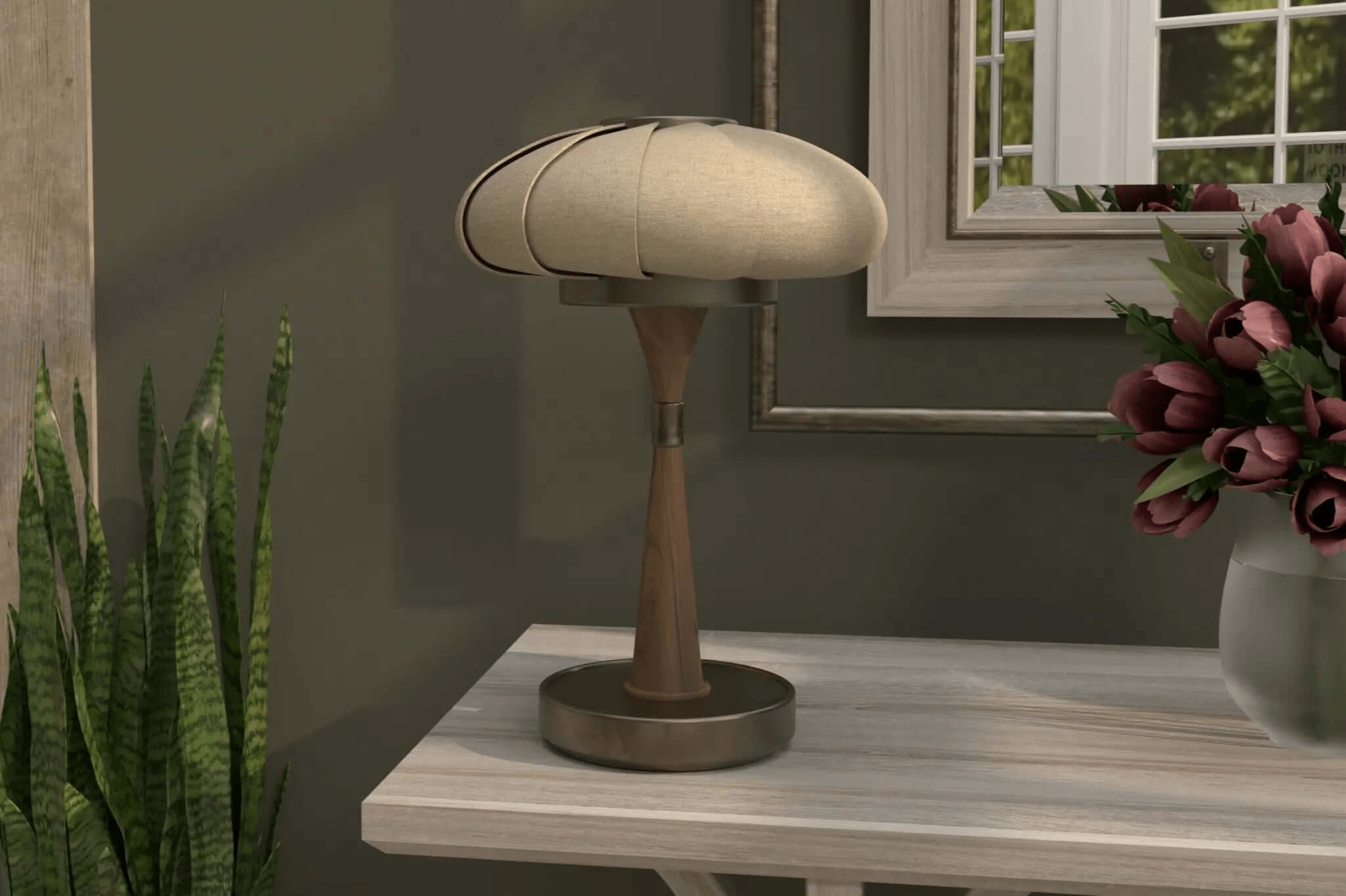 3D CAD design of Cairo Table Lamp with linen shade, wooden stem, and metal base providing warm illumination and elegant decor