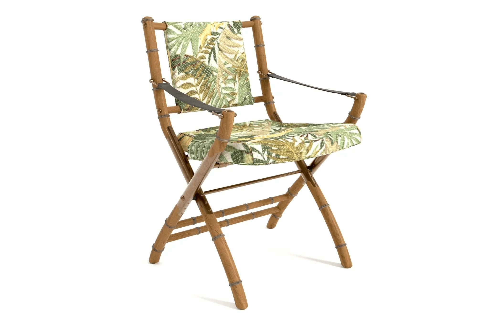 3D CAD model of the Campaign Folding Chair with bamboo accents and tropical fabric upholstery