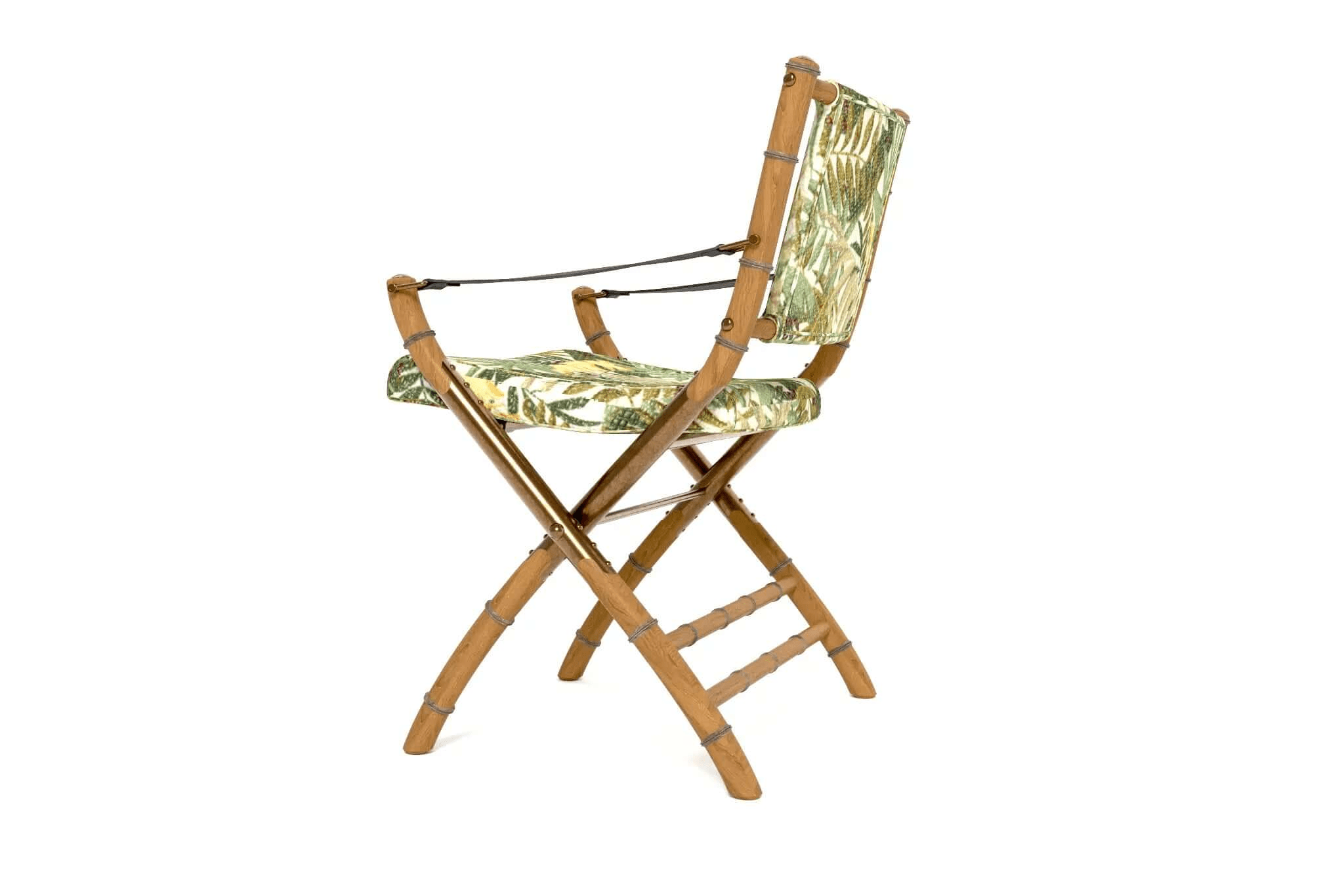 3D CAD model of a Campaign Folding Chair with wooden frame and tropical-patterned fabric upholstery
