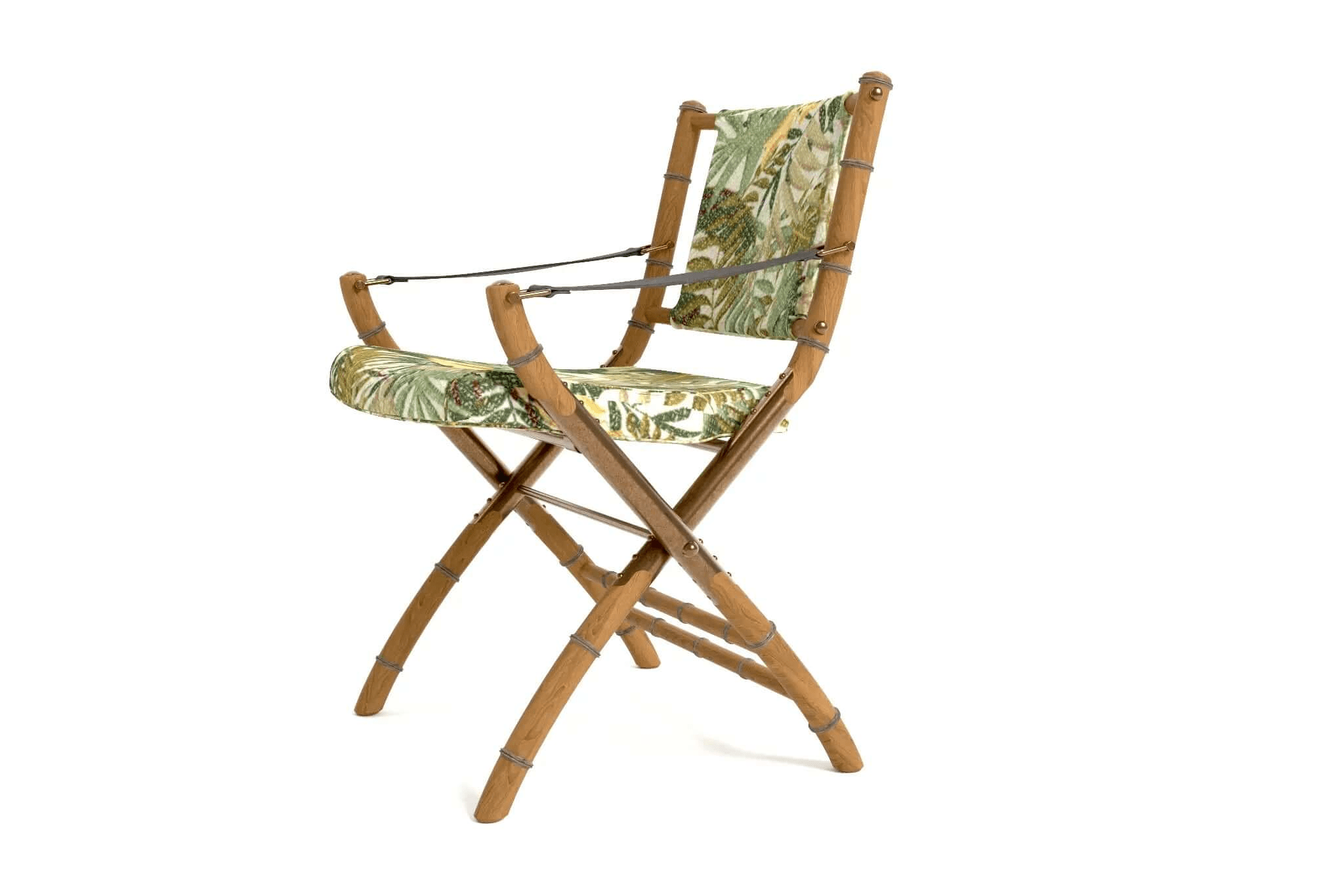 3D CAD model of a stylish wooden Campaign Folding Chair with tropical fabric upholstery and leather armrest straps