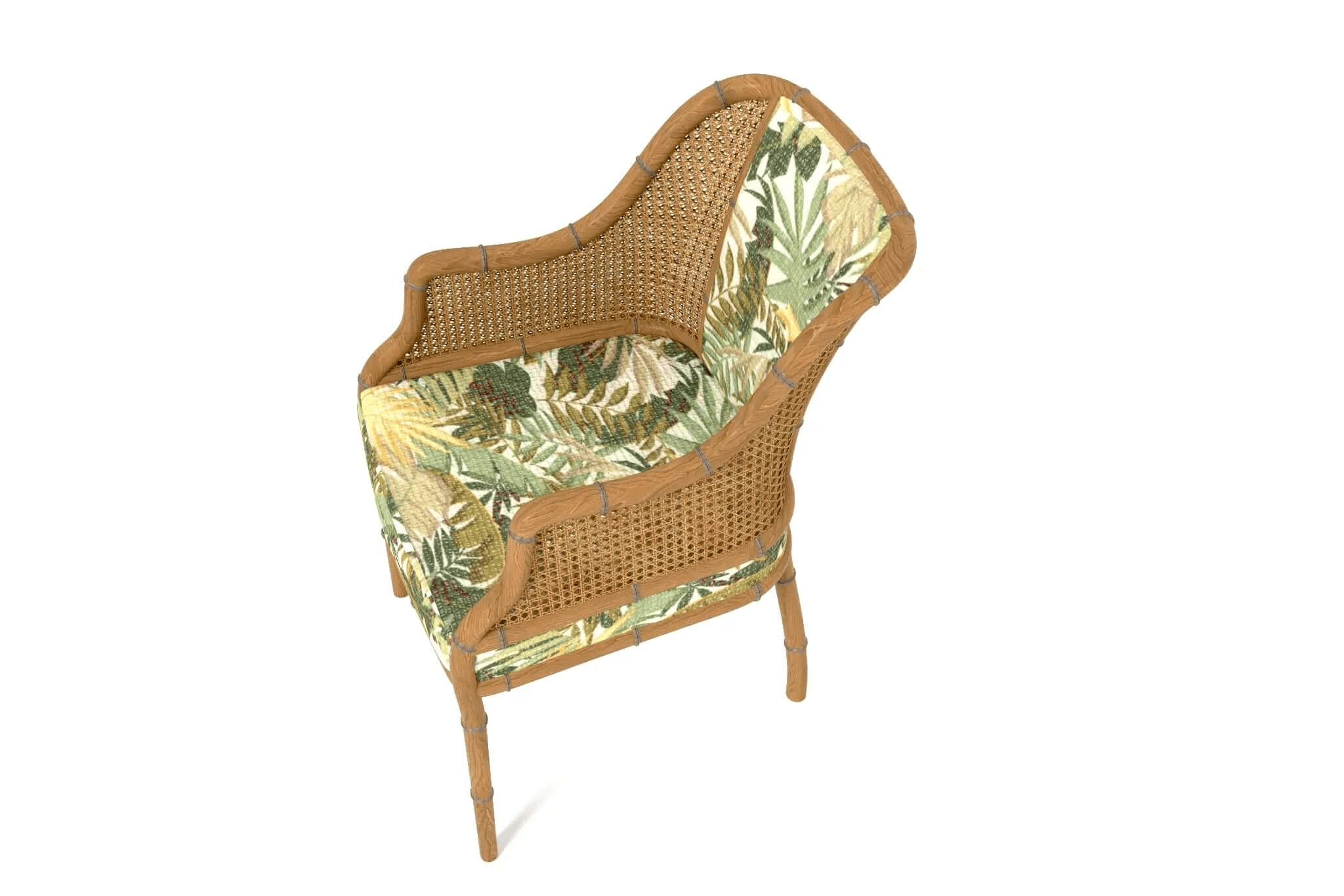 Carlton Dining Chair with wooden frame, cane backrest, and tropical fabric upholstery in 3D CAD model