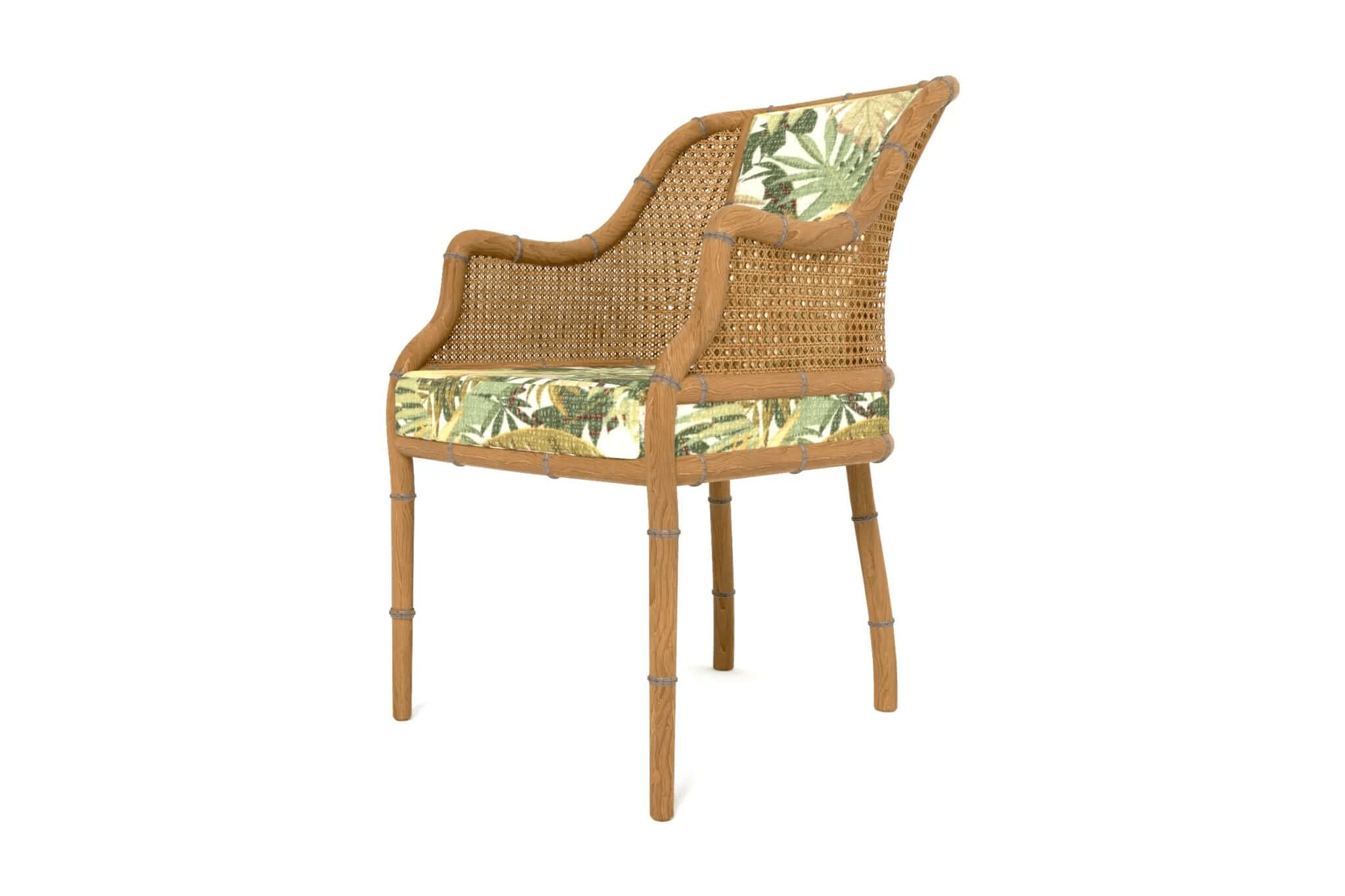 Carlton Dining Chair 3D CAD wooden frame bamboo detailing handwoven cane backrest tropical fabric upholstery ergonomic design