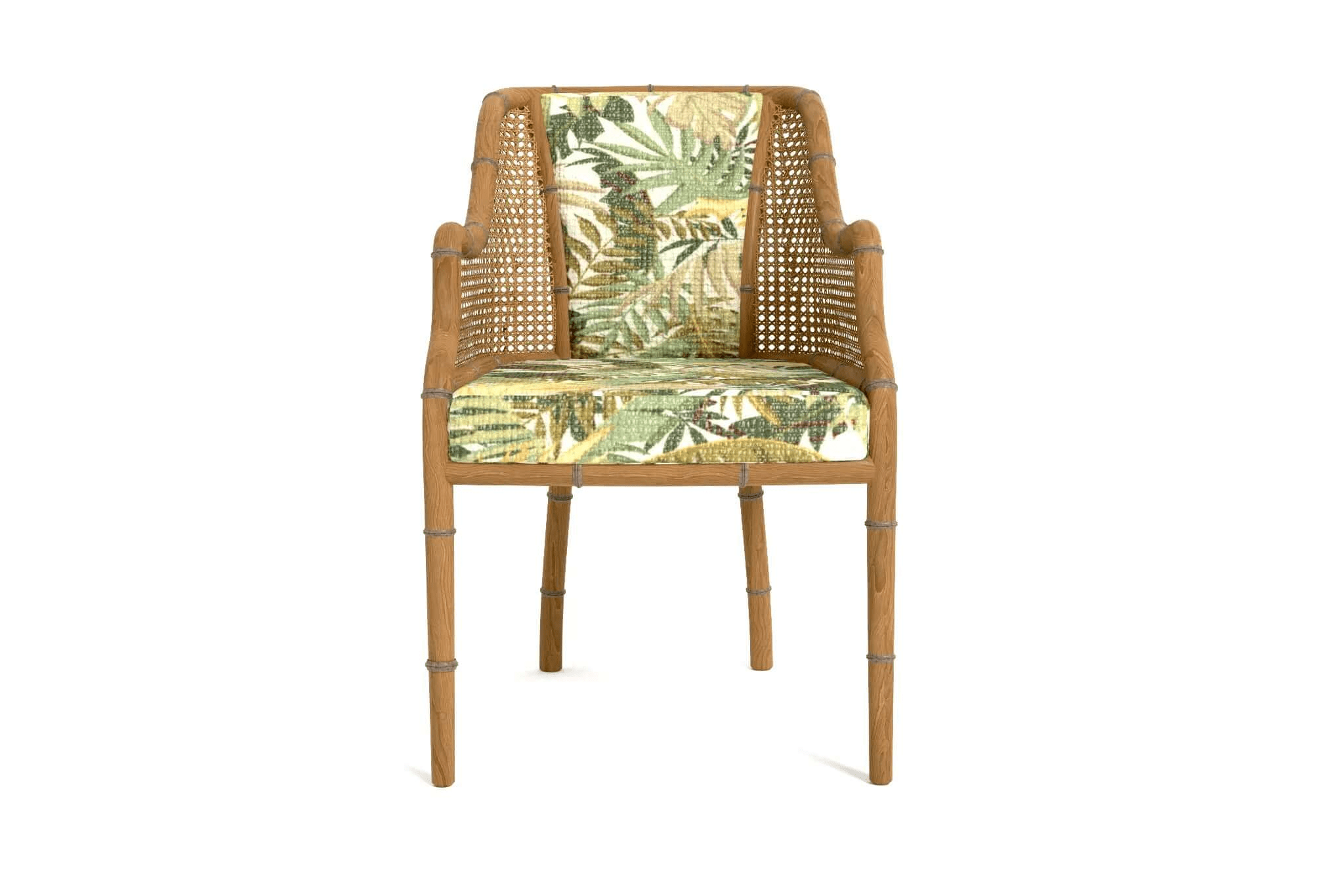 Carlton Dining Chair 3D CAD wooden frame handwoven cane backrest tropical fabric upholstery ergonomic armrests