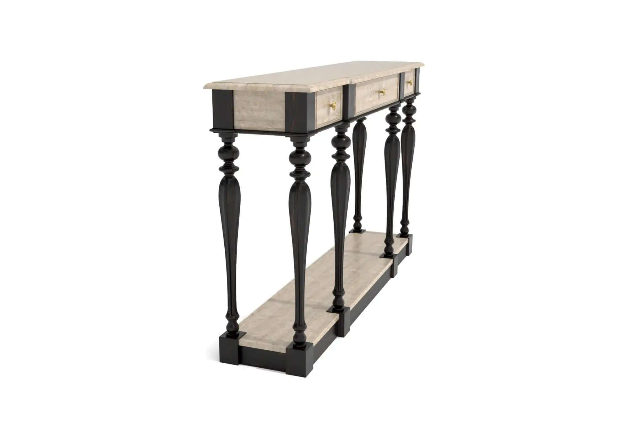 Colsole Table with classic design, slender black distressed legs, wooden top, and lower shelf in 3D CAD rendering