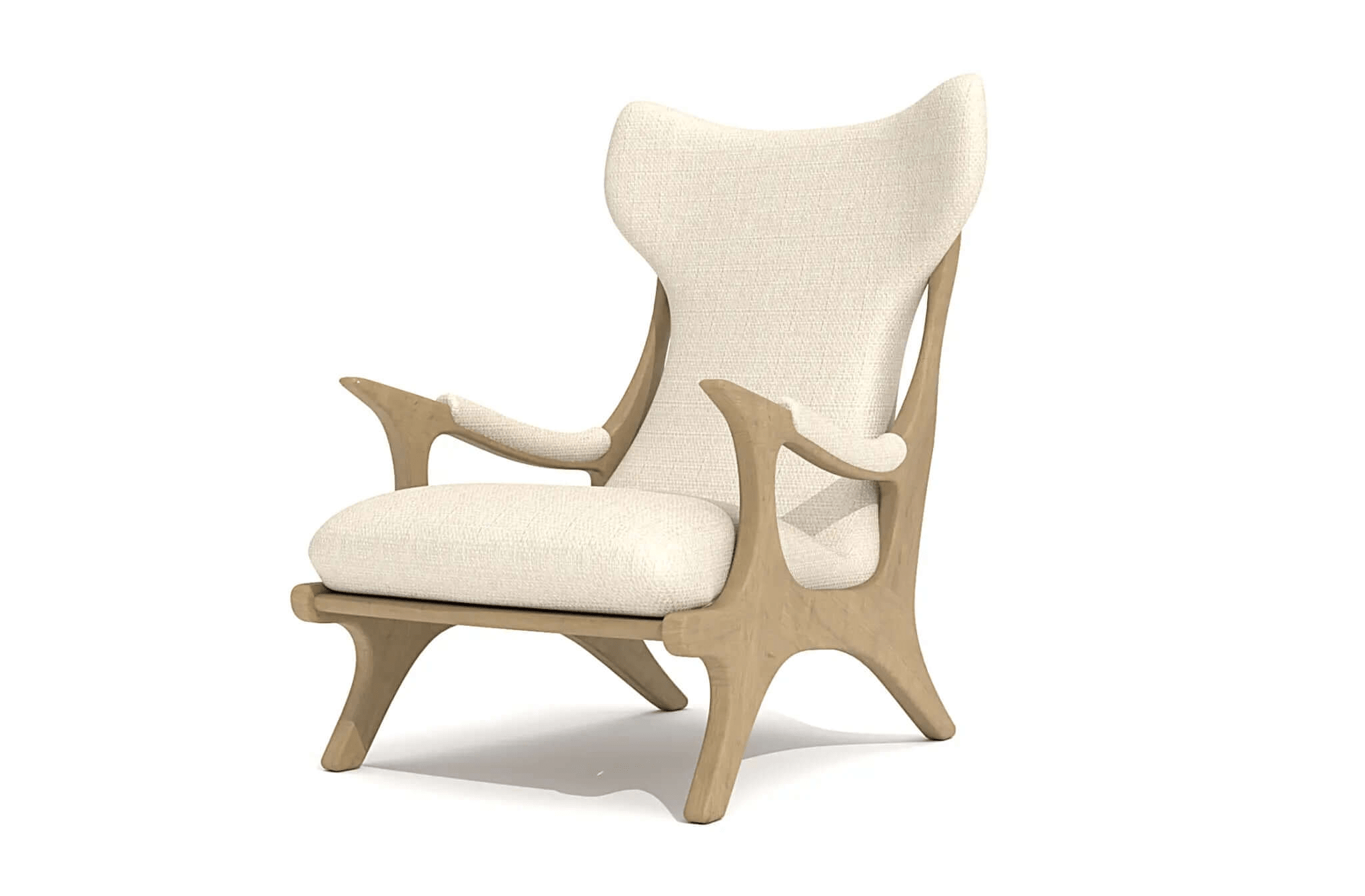 3D CAD drawing of Cohen Wing Chair showcasing modern wingback design with sculpted wood frame and cushioned upholstery