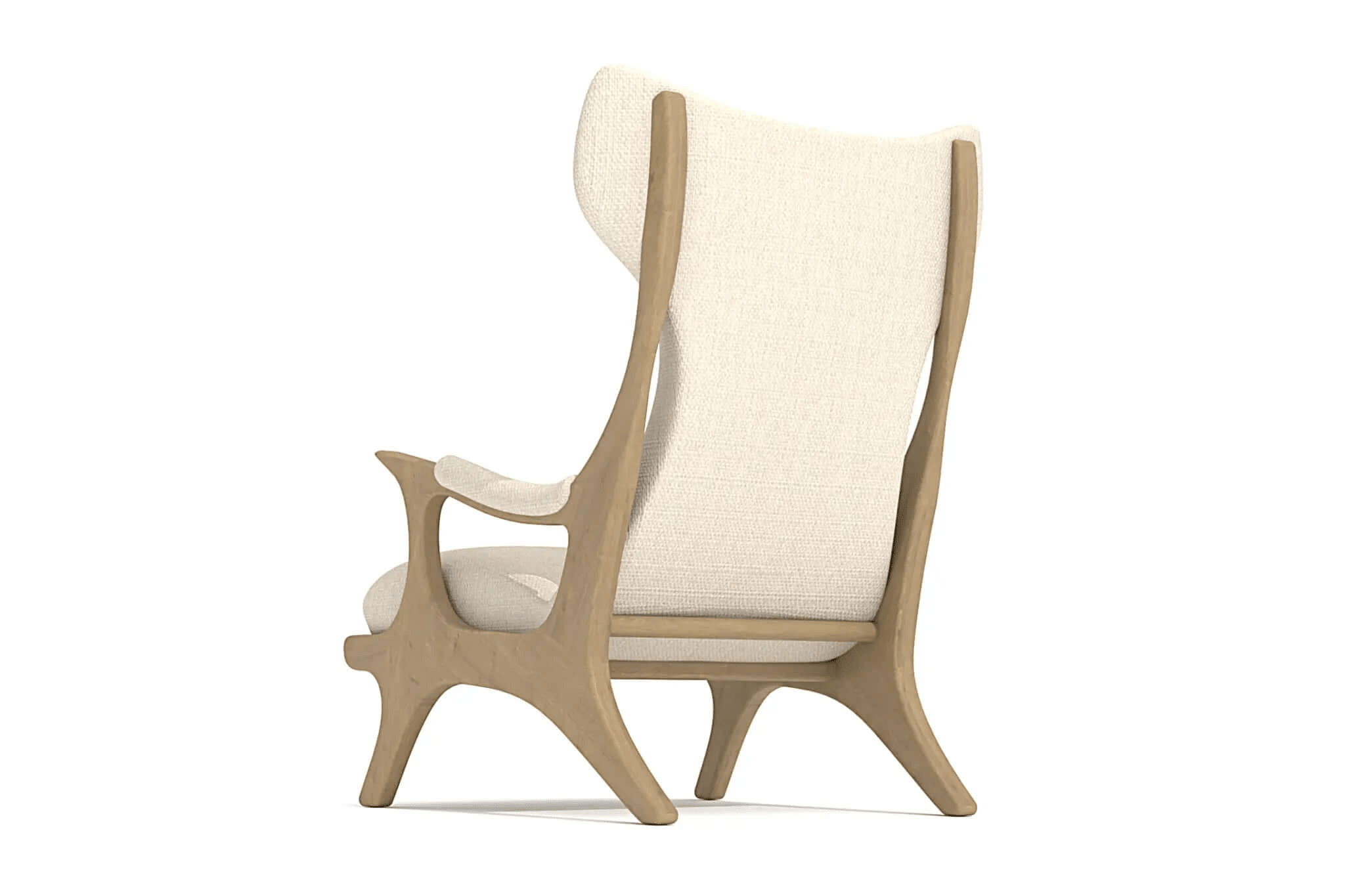 3D CAD drawing of the stylish Cohen Wing Chair with sculpted wooden frame and cushioned winged back.