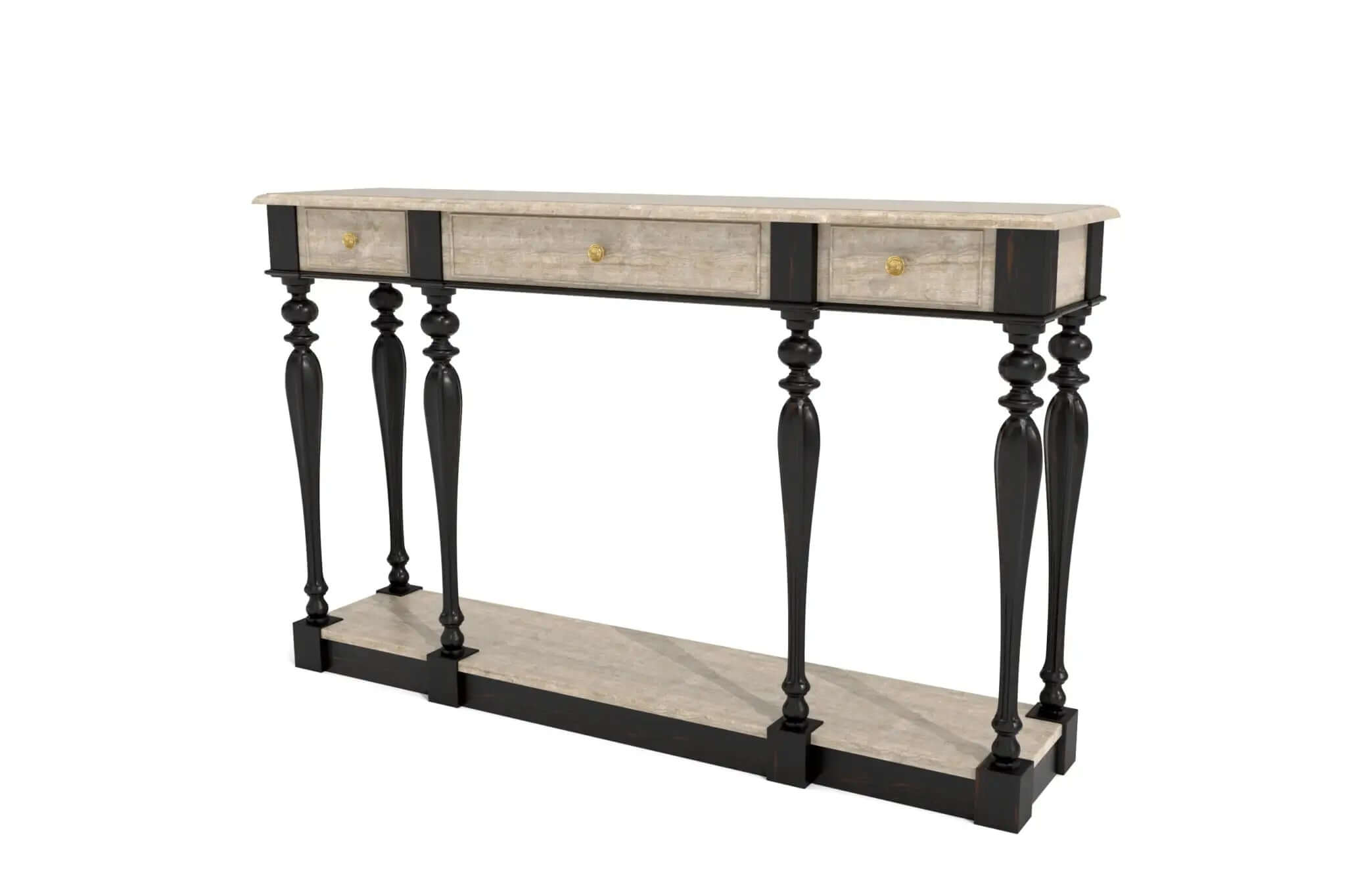 Elegant Colsole Table with distressed finish, slender black legs, and marble top in 3D CAD design