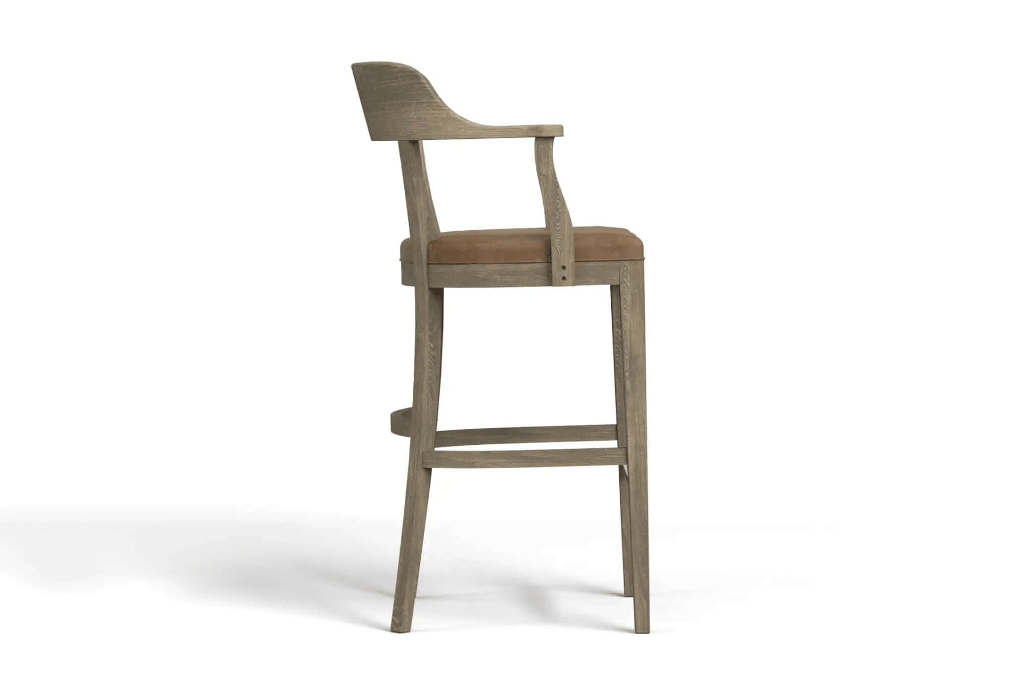 3D CAD rendering of Dalton Bar Stool with solid oak frame, leather padded seat, and brass footrest