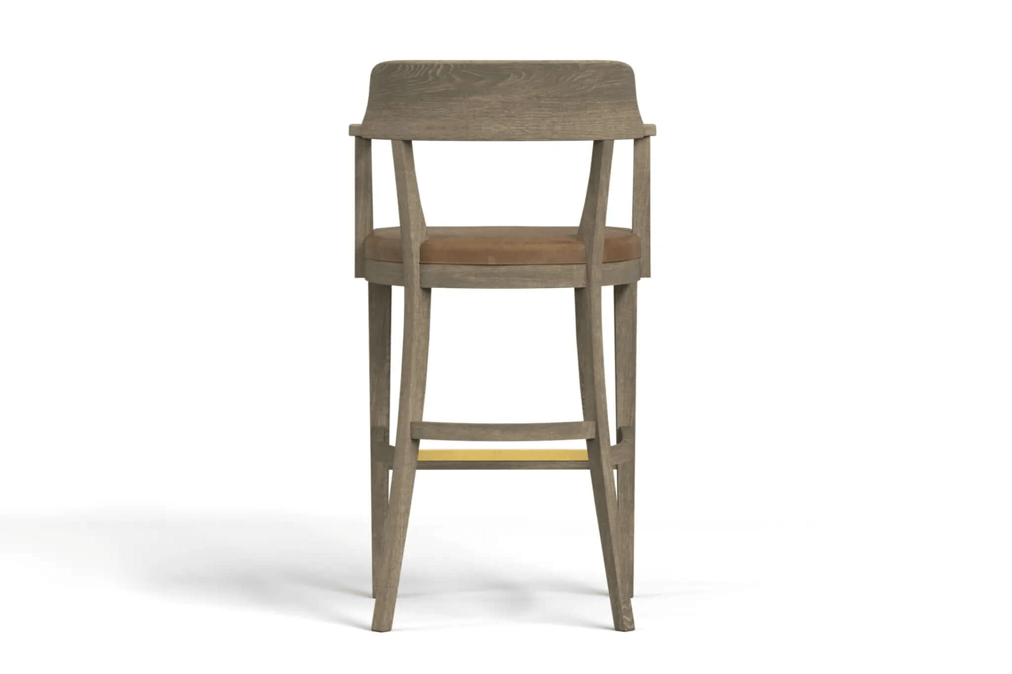 3D CAD design of elegant Dalton Bar Stool made of solid oak with leather padded seat and brass footrest