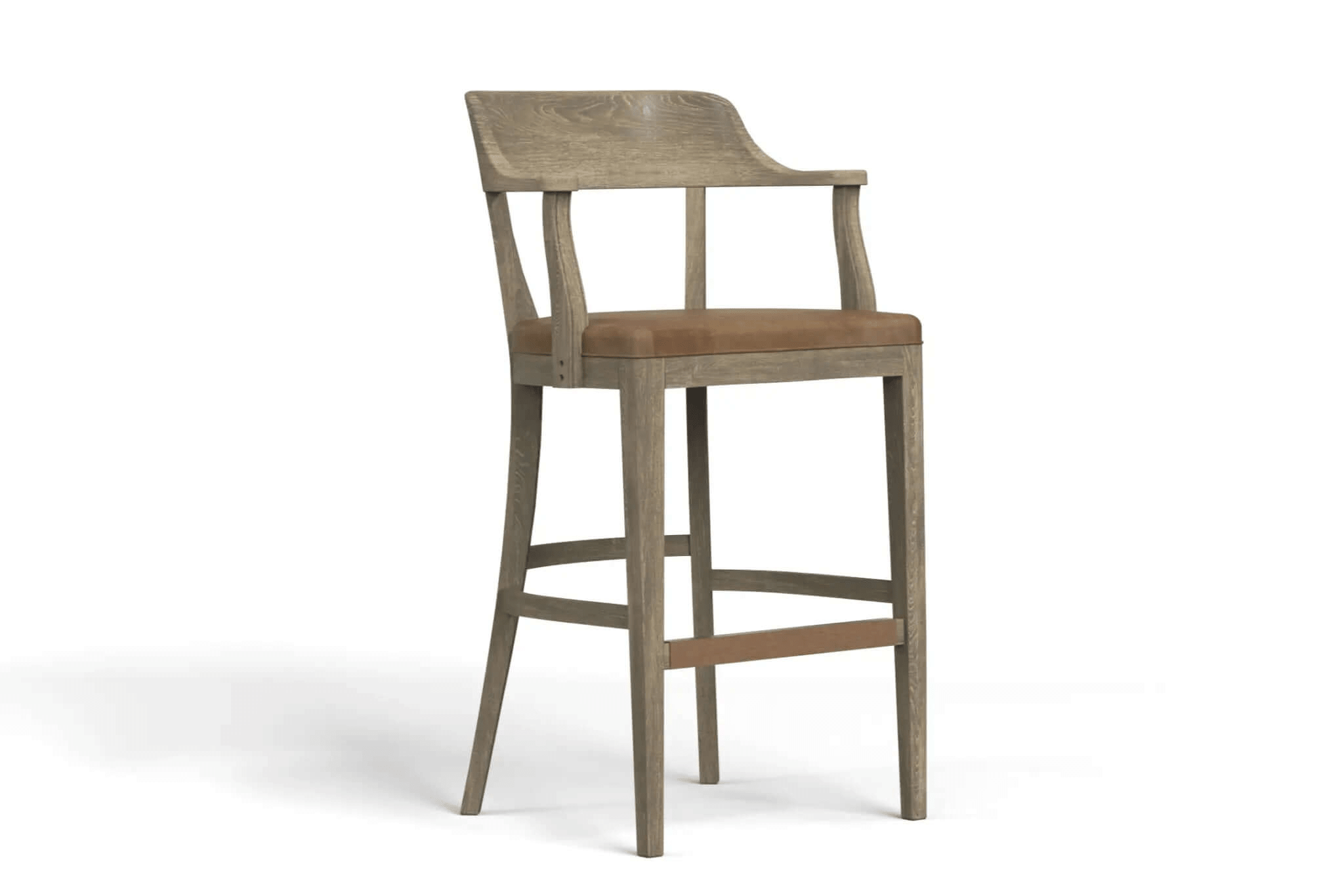 3D CAD design of Dalton Bar Stool with solid oak frame, leather padded seat, brass footrest, and modern tapered legs