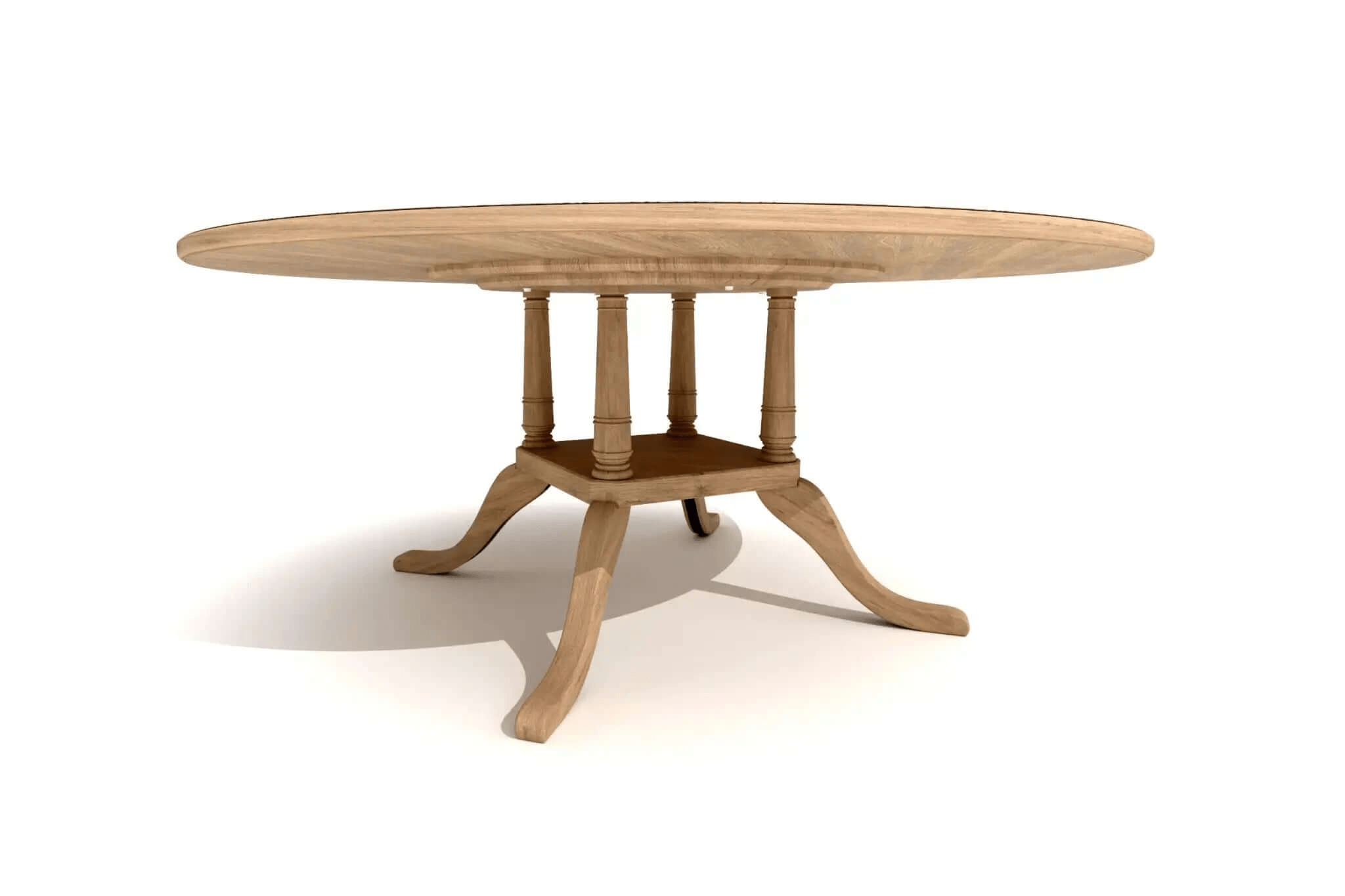 3D CAD rendering of elegant Madigan Dining Table with solid oak rounded top and turned legs