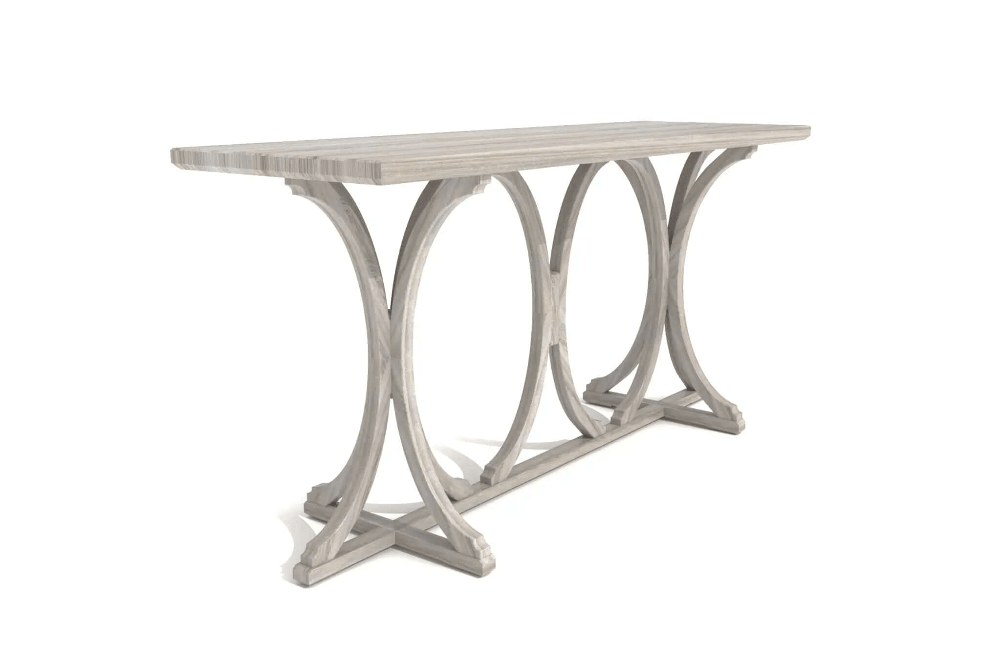 Elisa Console Table 3D CAD design with bowed supports and weathered wood finish