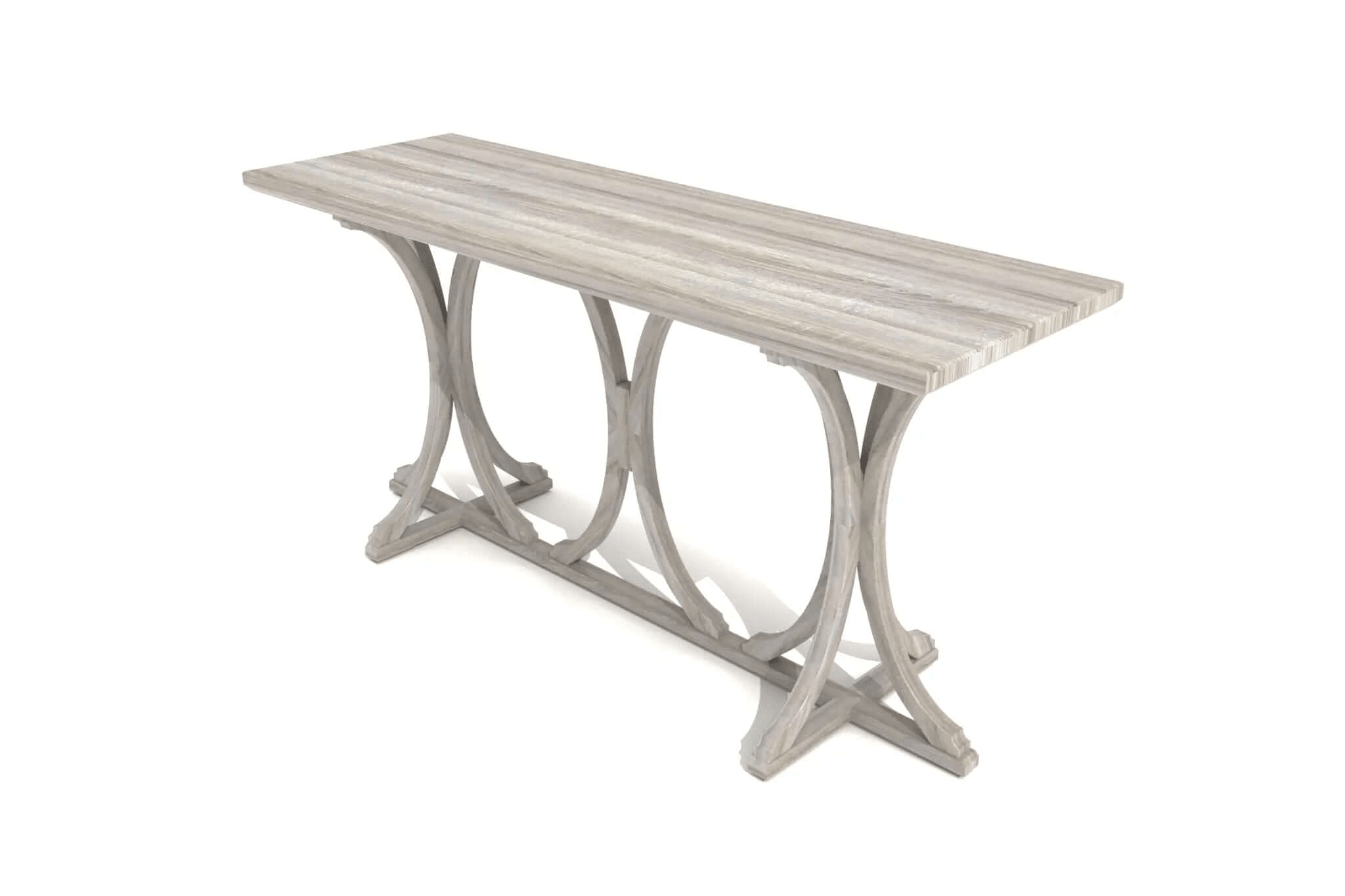 Elisa Console Table 3D CAD design with bowed supports and weathered wood finish