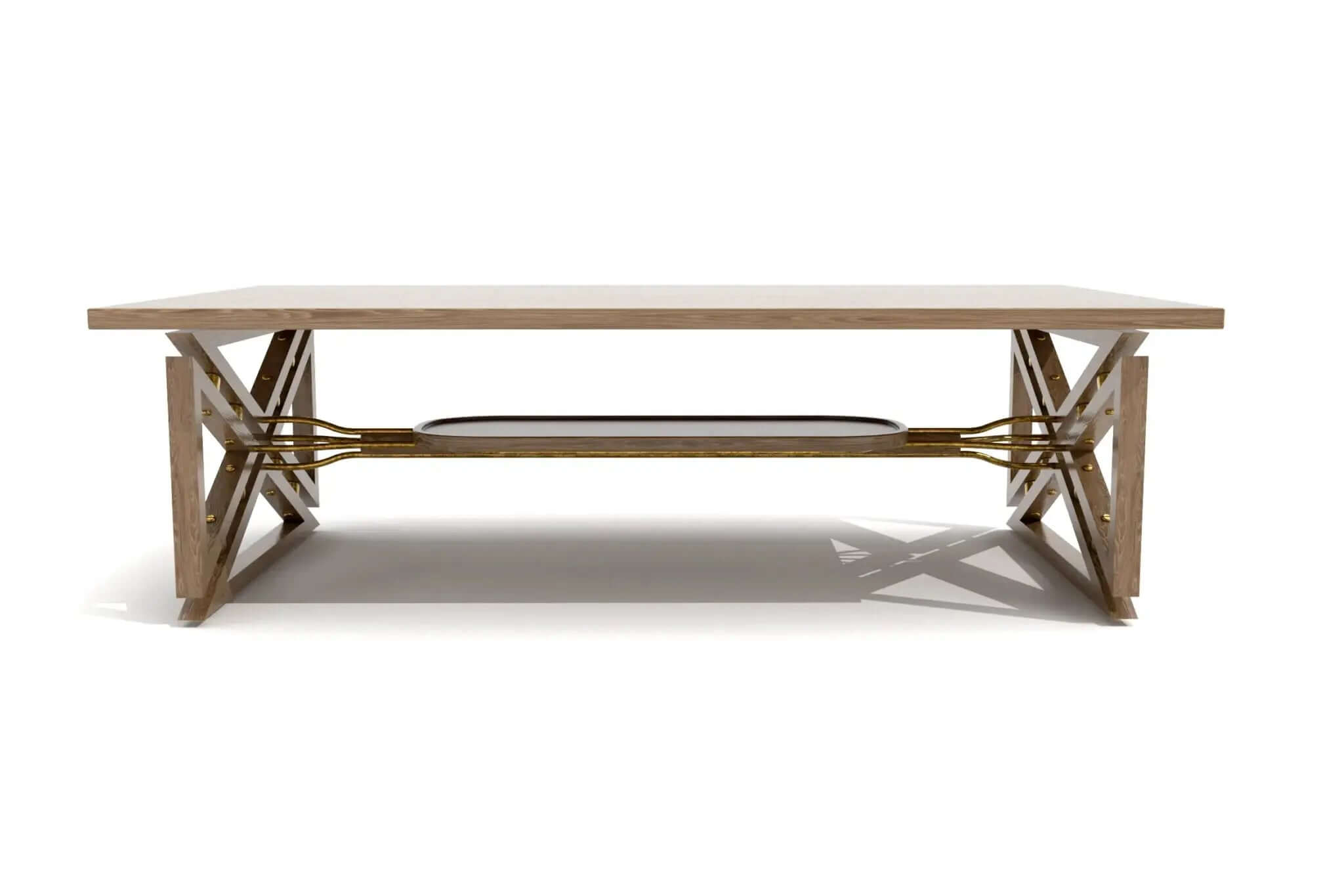 Fairfax Coffee Table with solid wood top and geometric brass-accented base featuring a suspended storage tray.