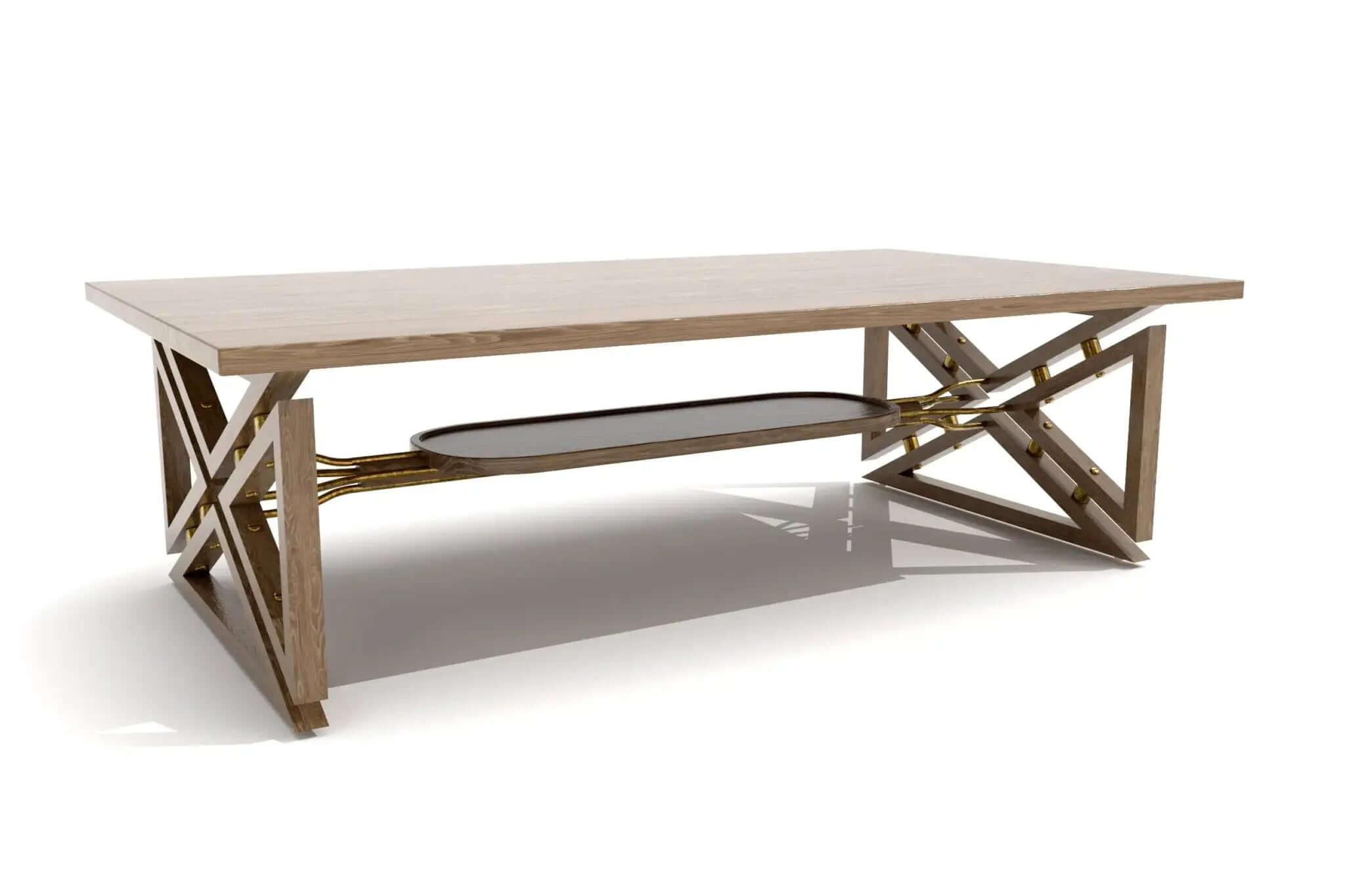Fairfax Coffee Table with solid wood top, geometric base, brass accents, and suspended storage tray in modern 3D CAD design