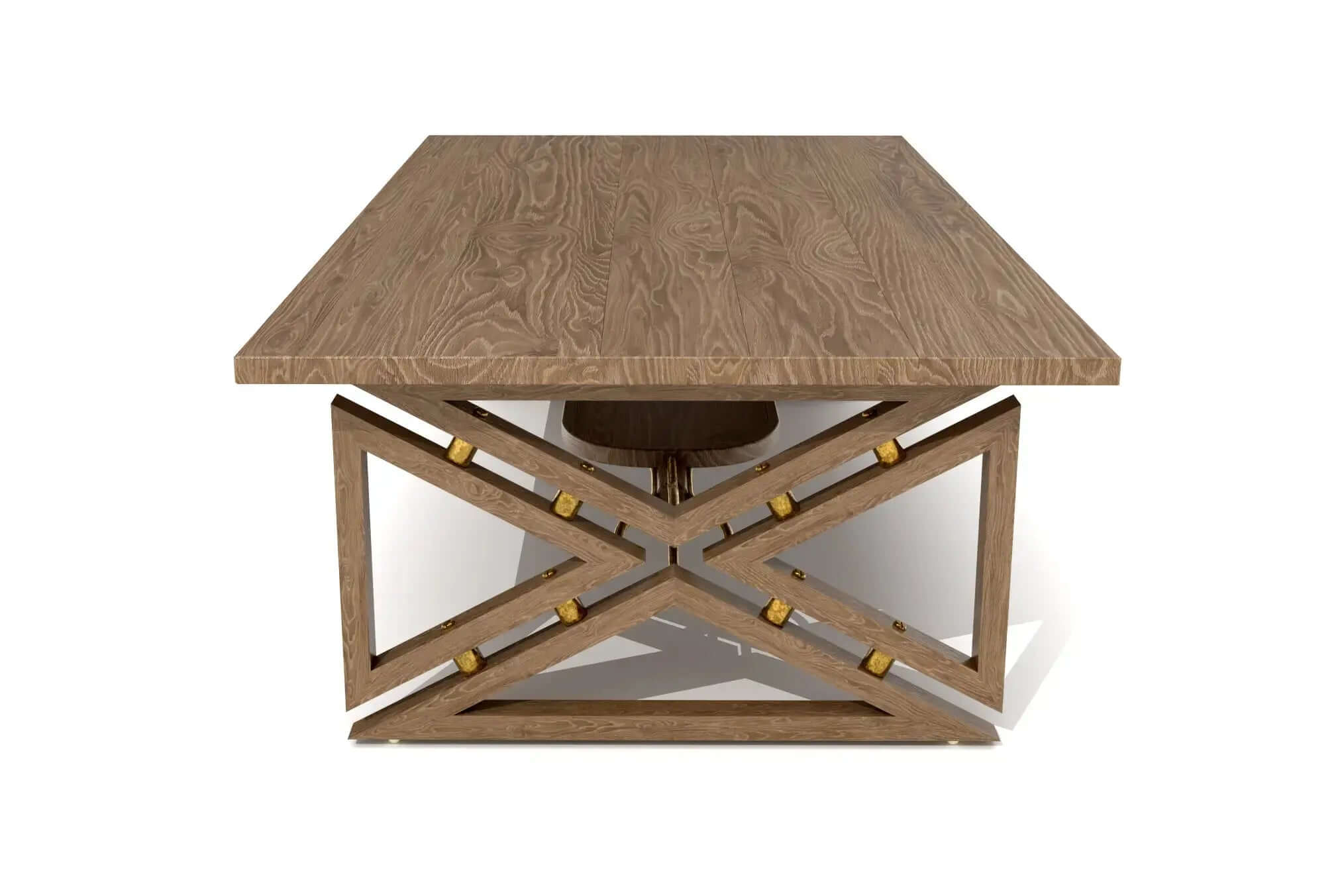 Fairfax Coffee Table with solid wood top and geometric base featuring brass accents and a suspended tray.