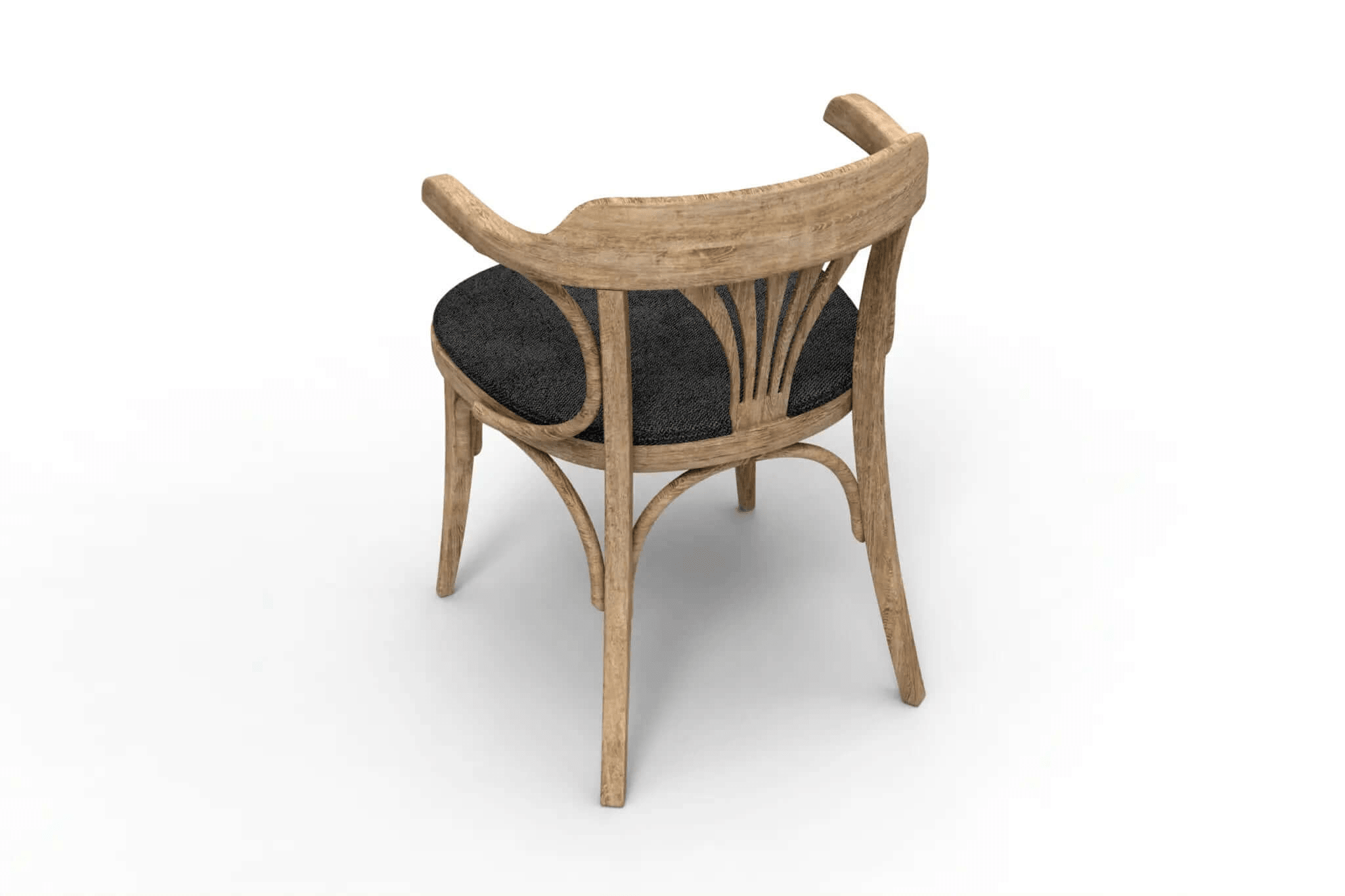 3D CAD rendering of Florence Cafe Chair with curved wooden backrest and padded seat in natural tone