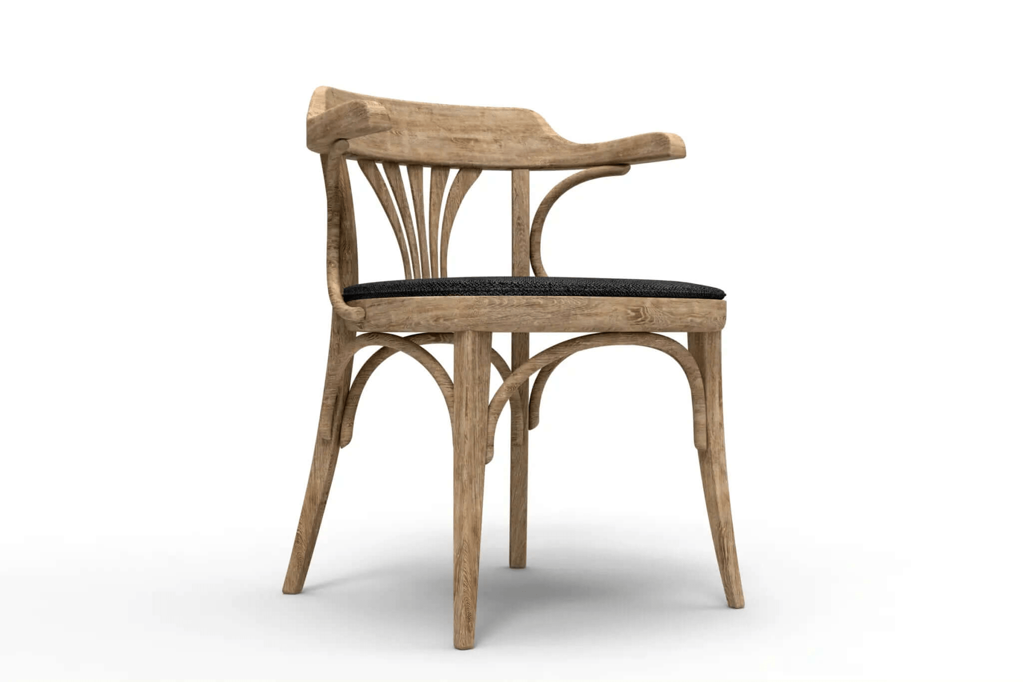3D CAD rendering of Florence Cafe Chair with curved backrest and upholstered seat in natural wood tone