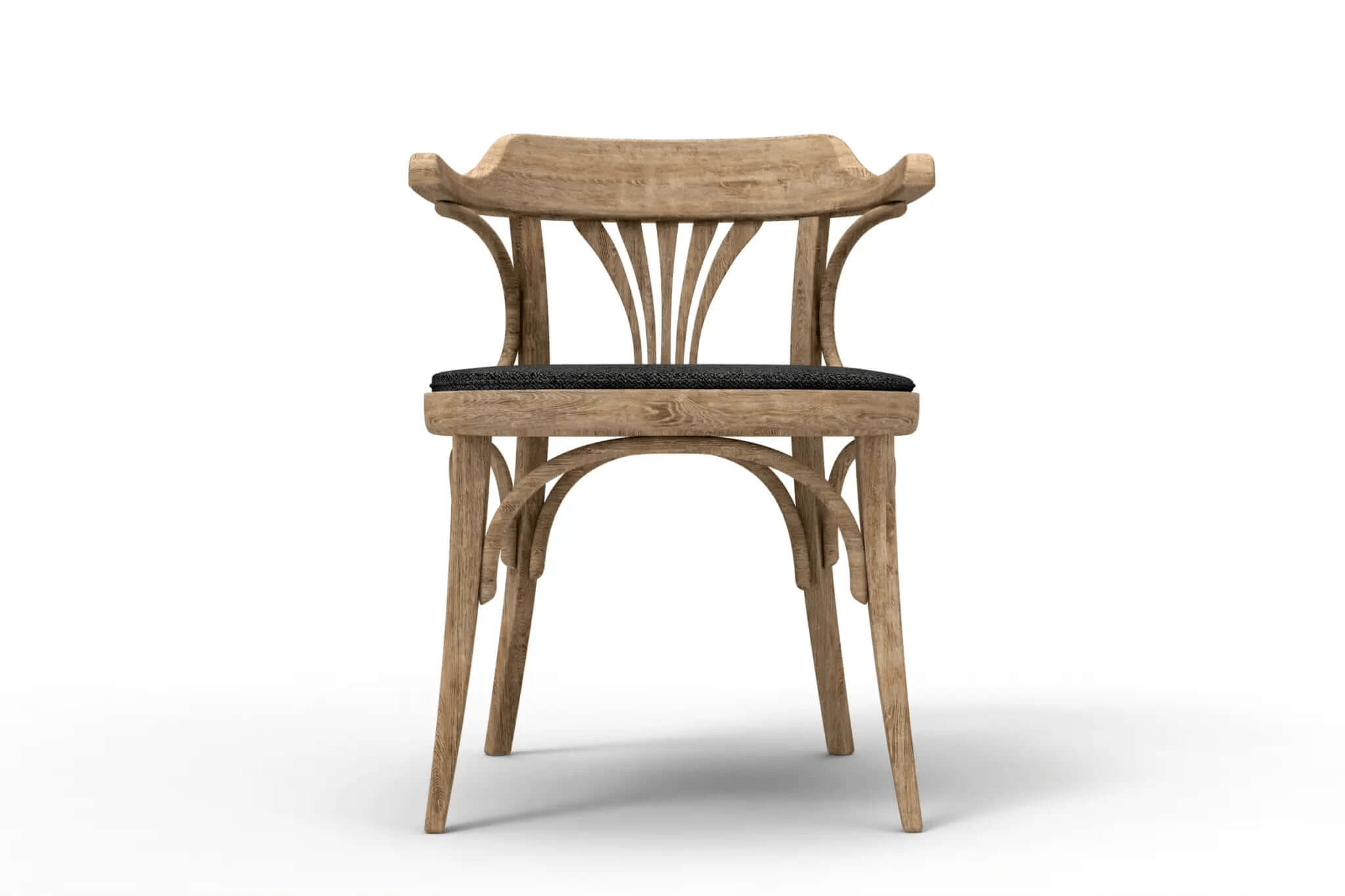 3D CAD model of Florence Cafe Chair with curved backrest and padded seat in warm wood finish