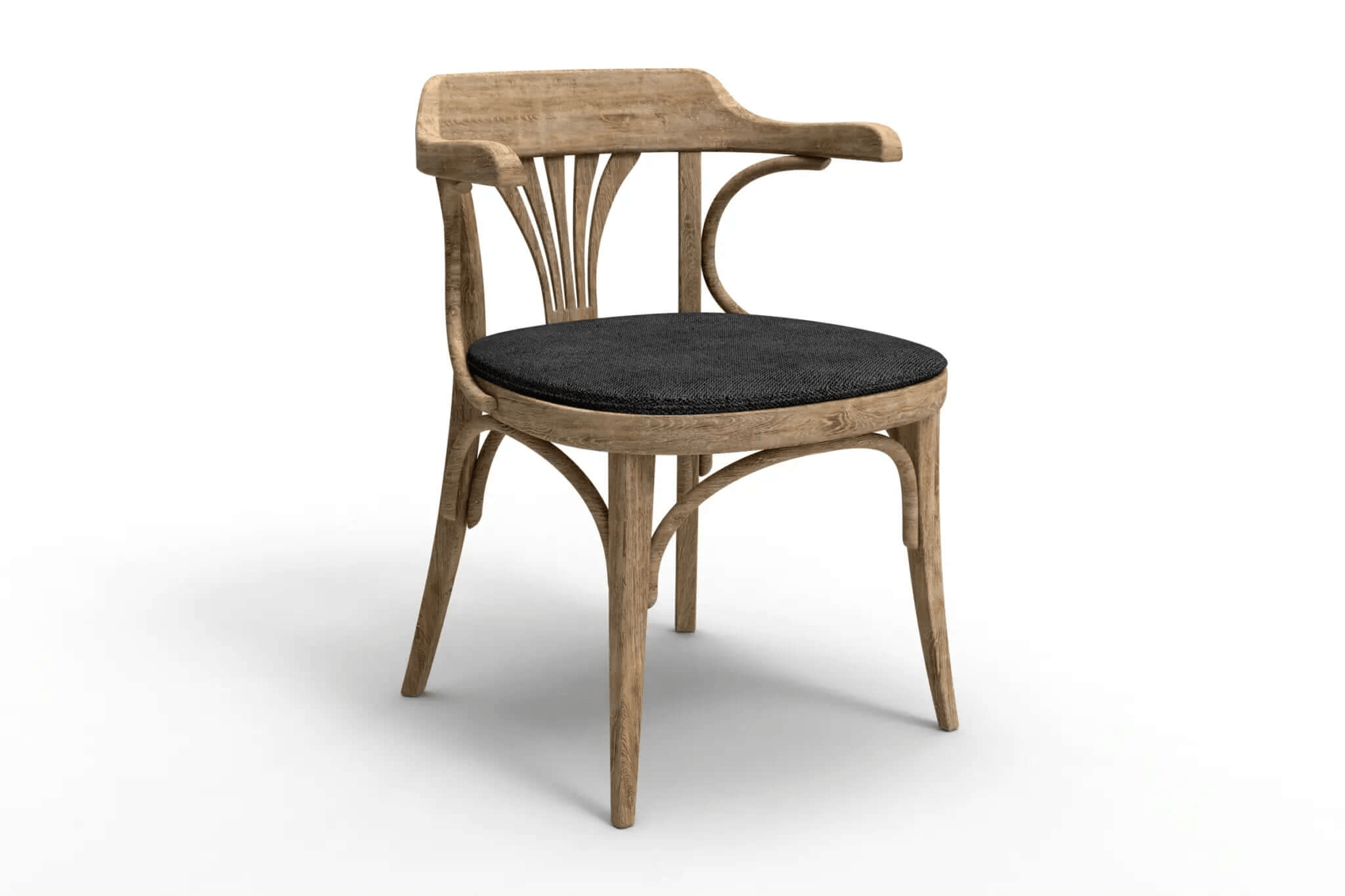 3D CAD rendering of Florence Cafe Chair with curved wooden backrest and padded seat