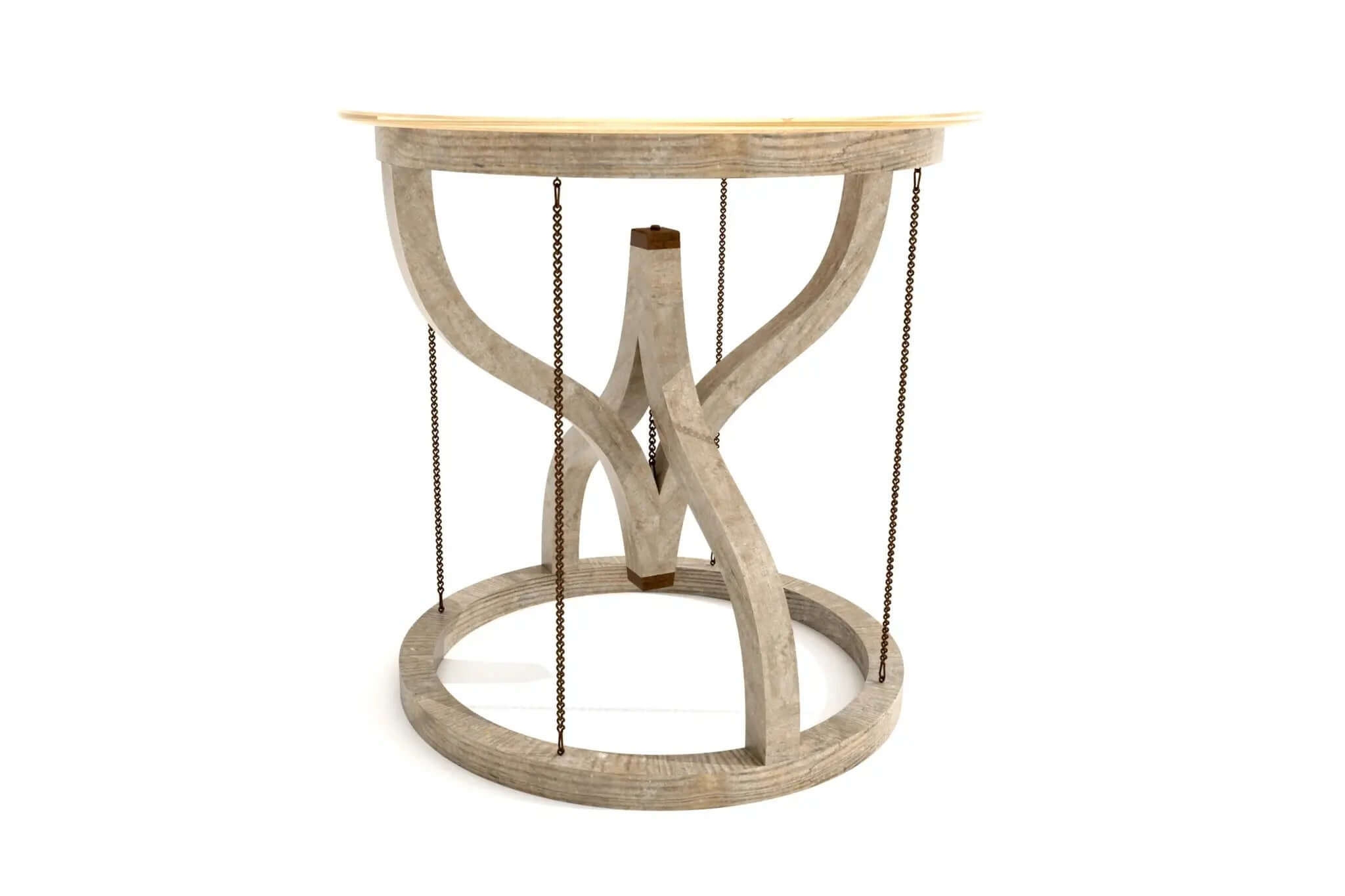 Gravity Side Table with curved wooden supports, metal chains, and round glass top in 3D CAD design