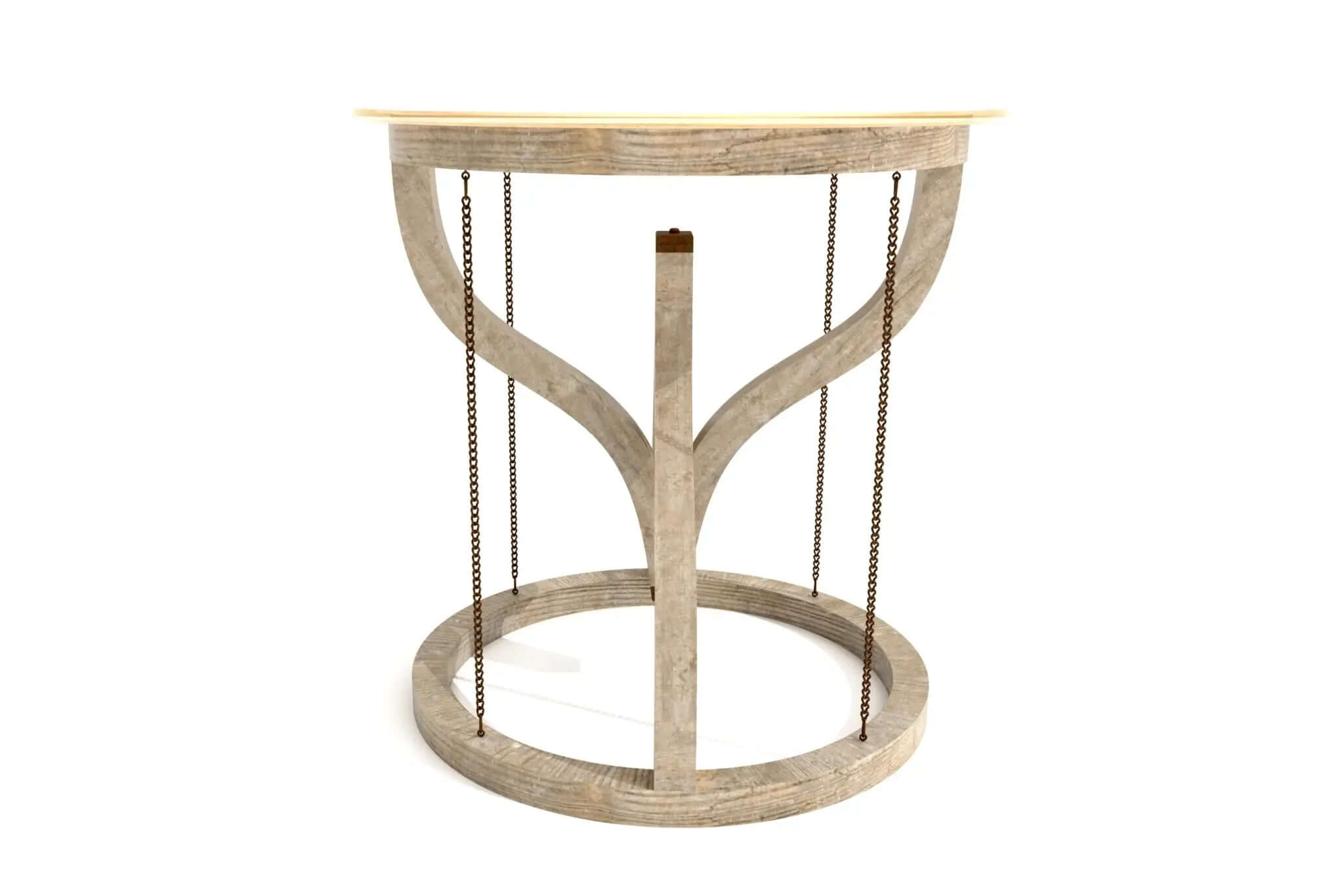 Gravity Side Table with curved wooden supports, metal chains, and round glass top in 3D CAD design