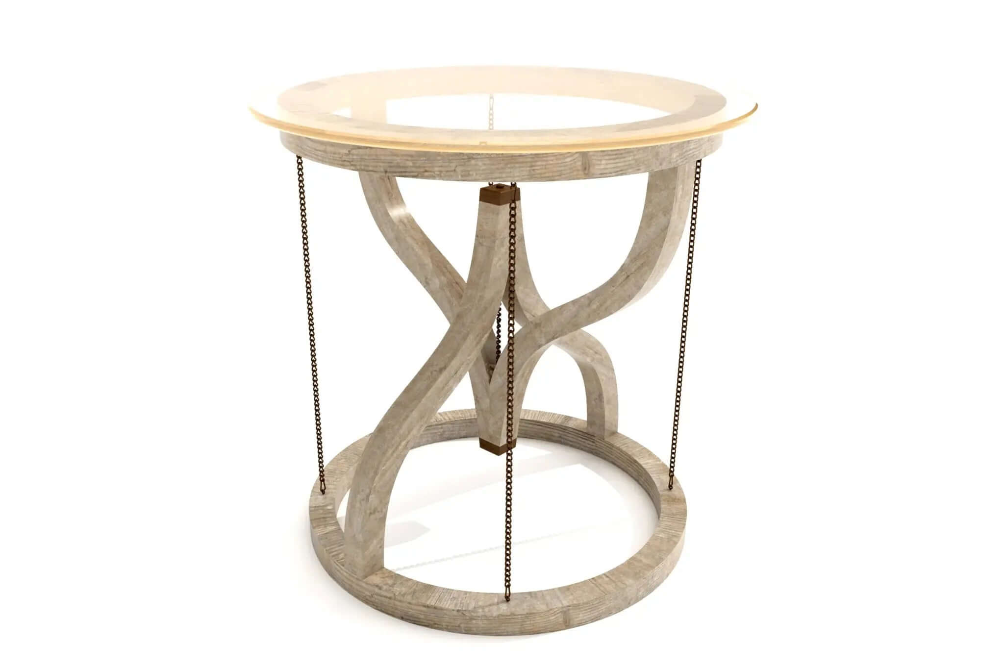Gravity Side Table with curved wooden base, metal chains, and round glass top in 3D CAD design