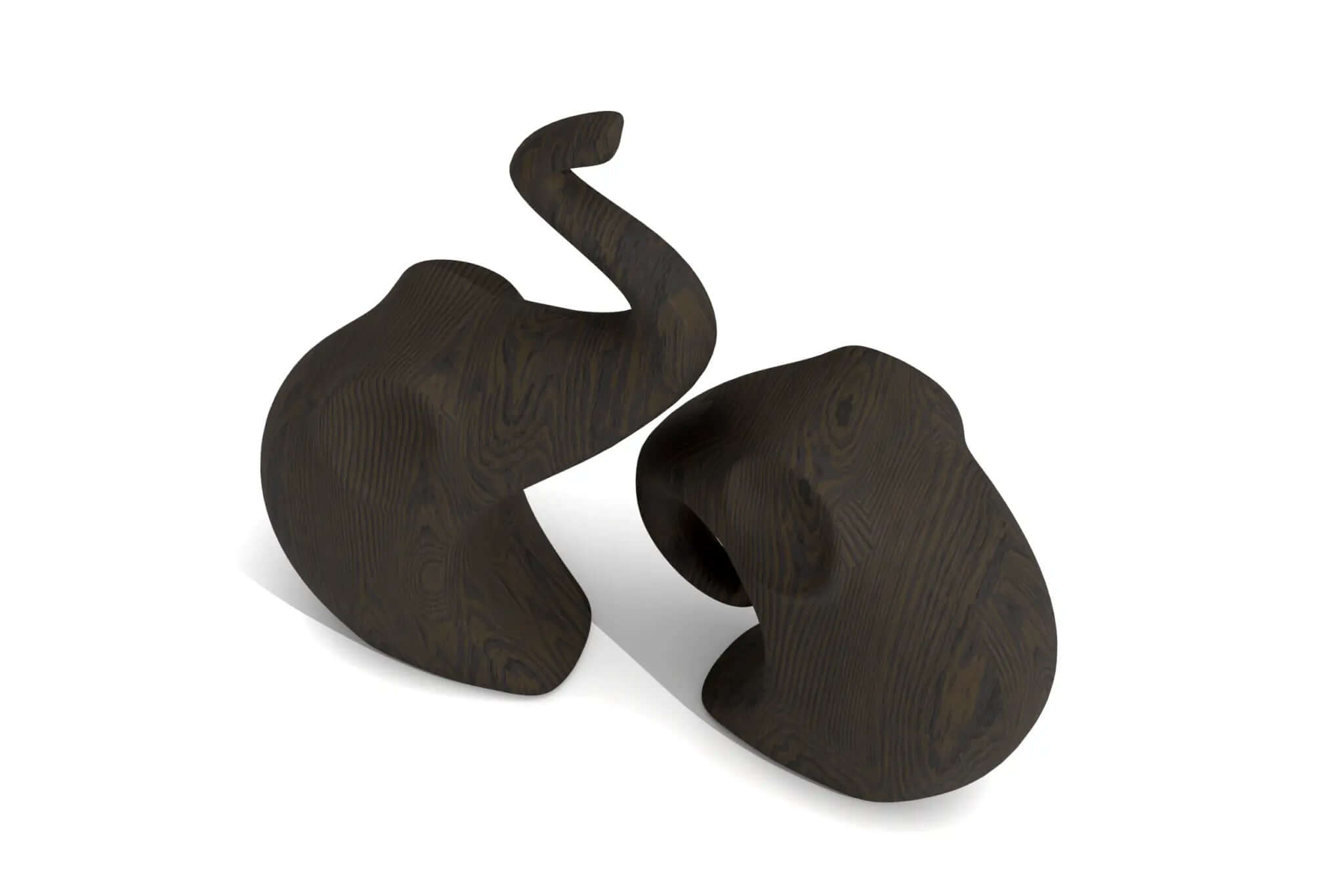 Minimalistic hand carved wooden elephant sculpture pair with smooth flowing lines and natural wood grain texture, 3D CAD designed.