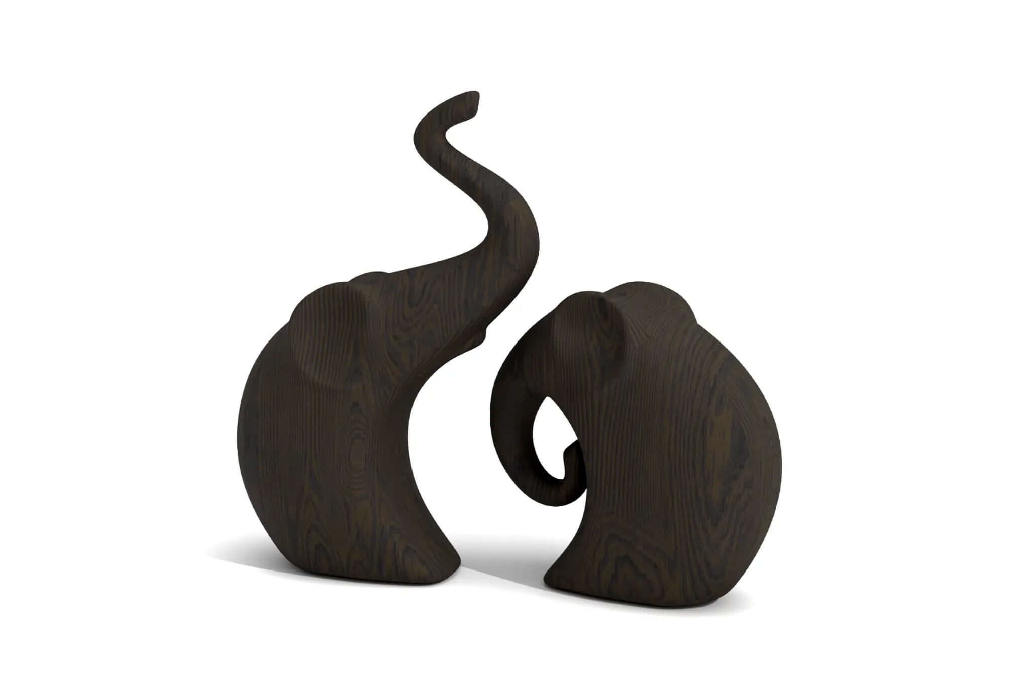Hand carved dark wood elephant sculpture pair with smooth flowing lines and 3D CAD design