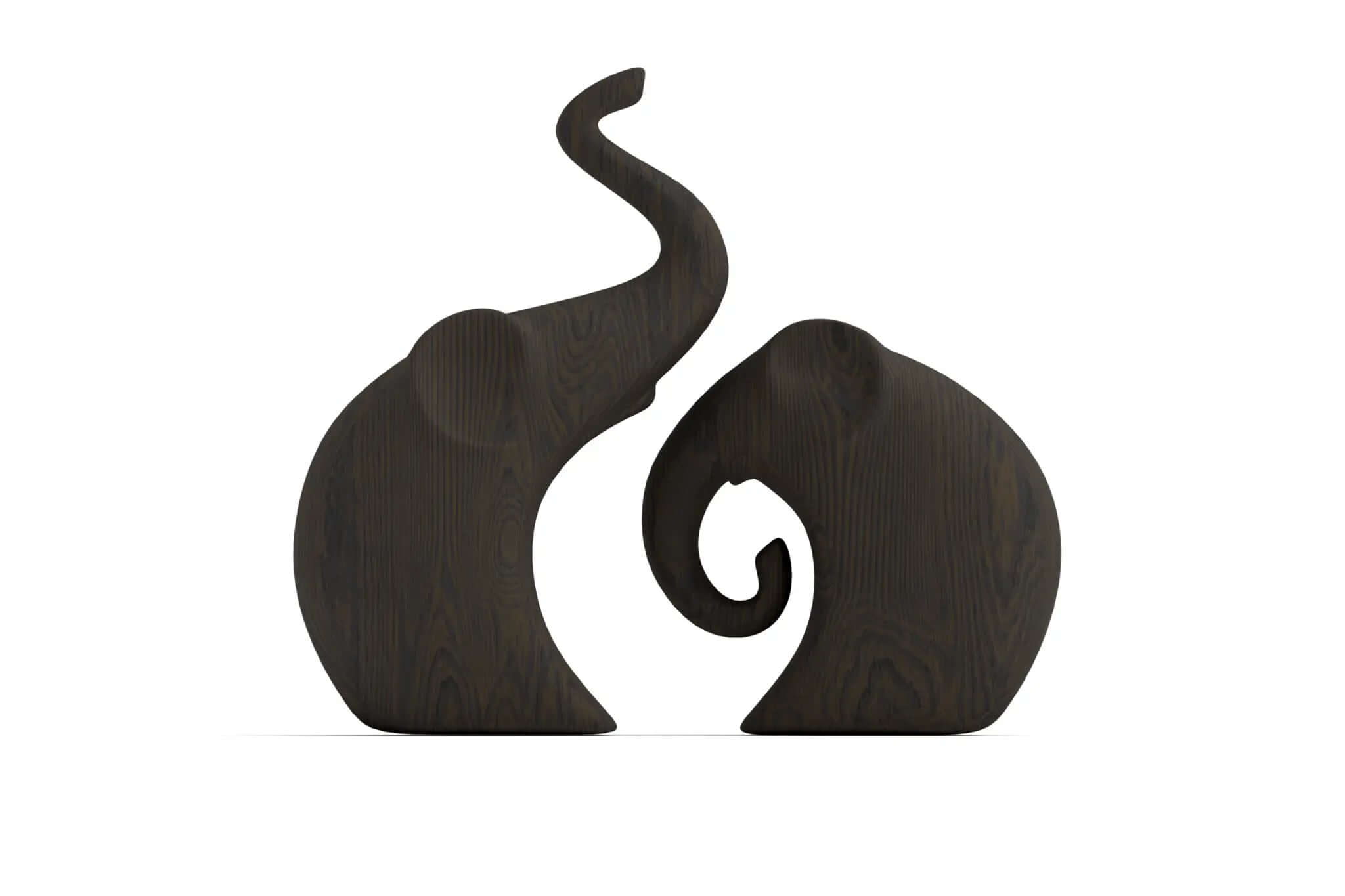 Hand carved elephant sculpture pair with smooth wood grain and 3D CAD design