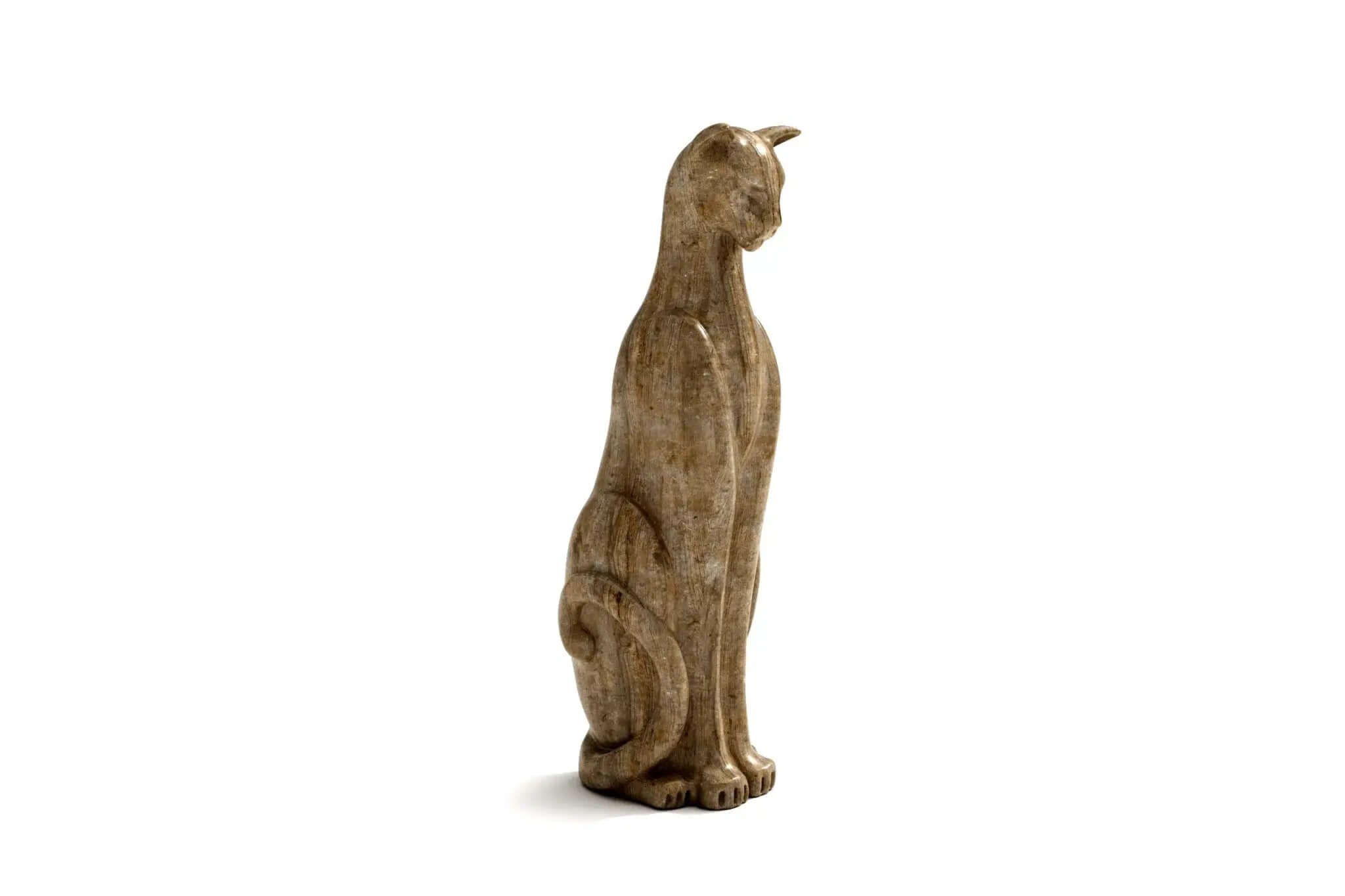 Handcarved cat sculpture in wood with sleek, elegant design and detailed posture, standing upright.