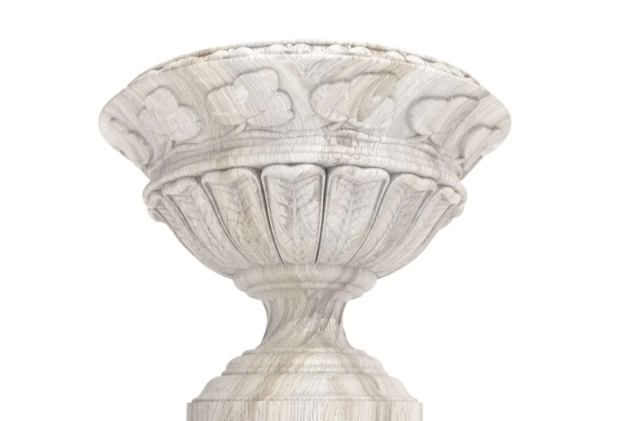 Handcarved fruit bowl with intricate floral and textured details on pedestal base in light wood finish
