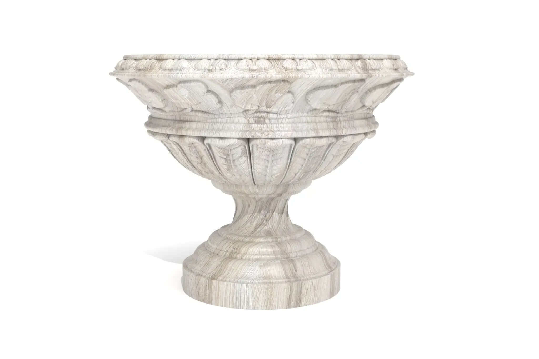 handcarved fruit bowl with intricate details and fluted pedestal base in light wood finish