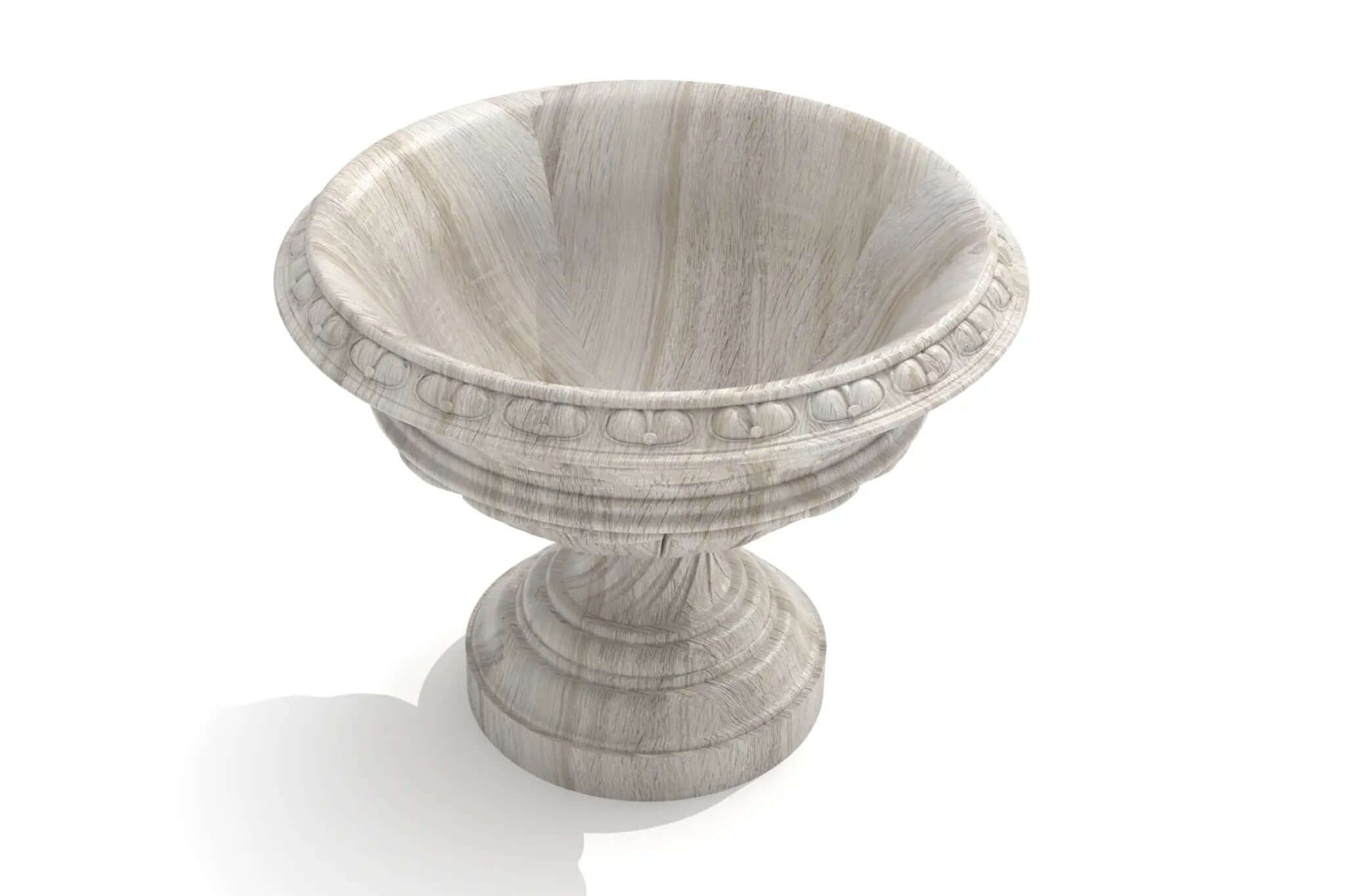Elegant handcarved fruit bowl with intricate details and fluted pedestal base in wood finish