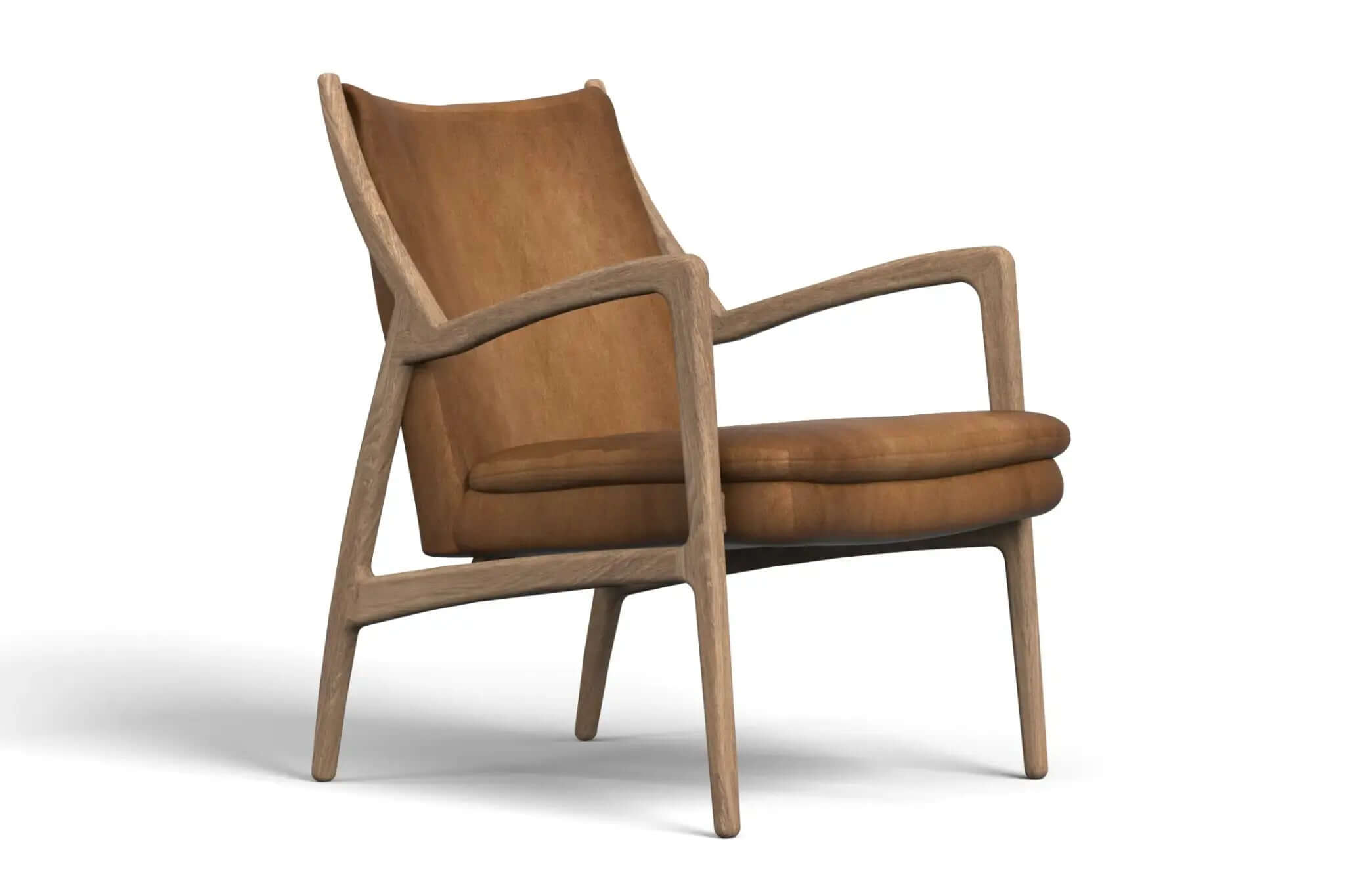 Harrald Lounge Chair with solid oak frame and brown leather upholstery in mid-century modern style