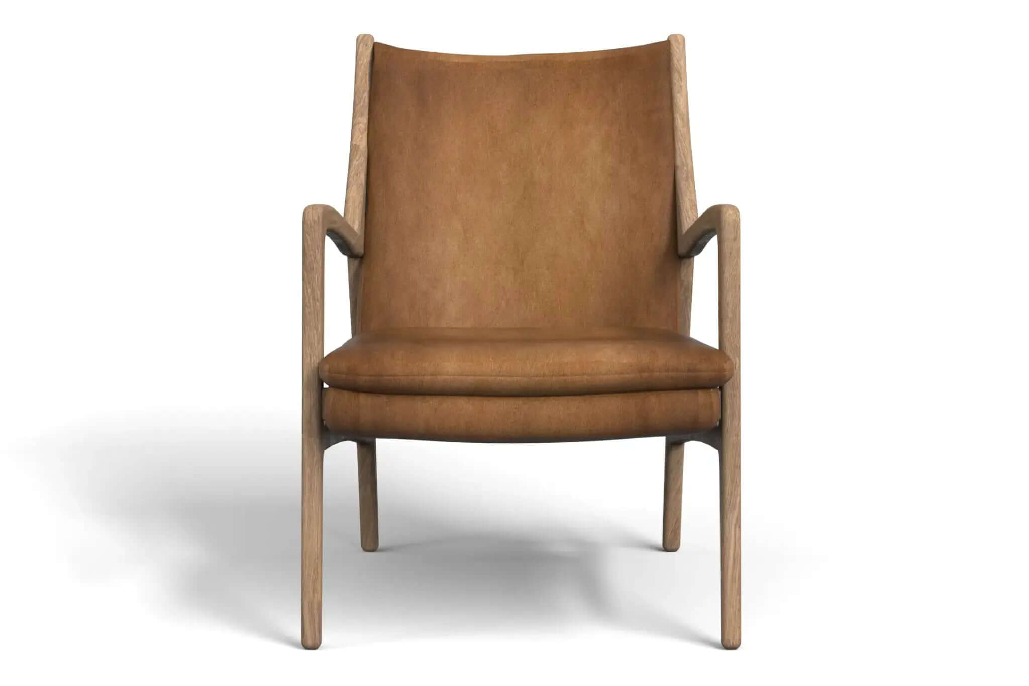 Harrald Lounge Chair with solid oak frame and brown leather upholstery front view