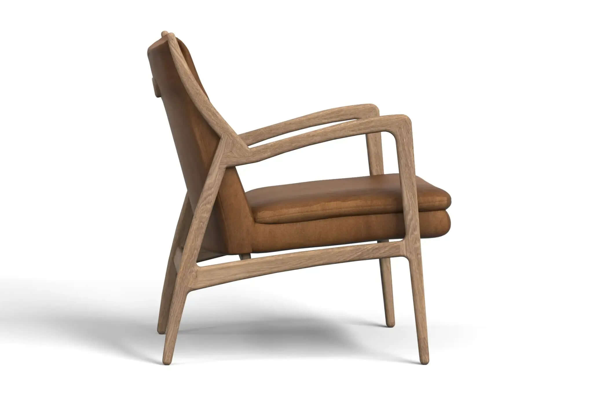 Harrald Lounge Chair with solid oak frame and brown leather upholstery side view