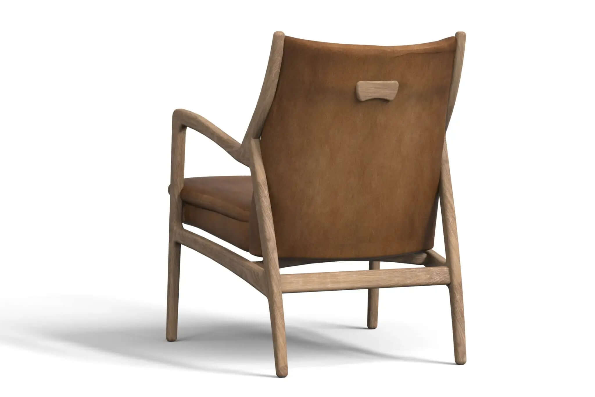 Harrald Lounge Chair with solid oak frame and brown leather upholstery in mid-century modern design viewed from back angle
