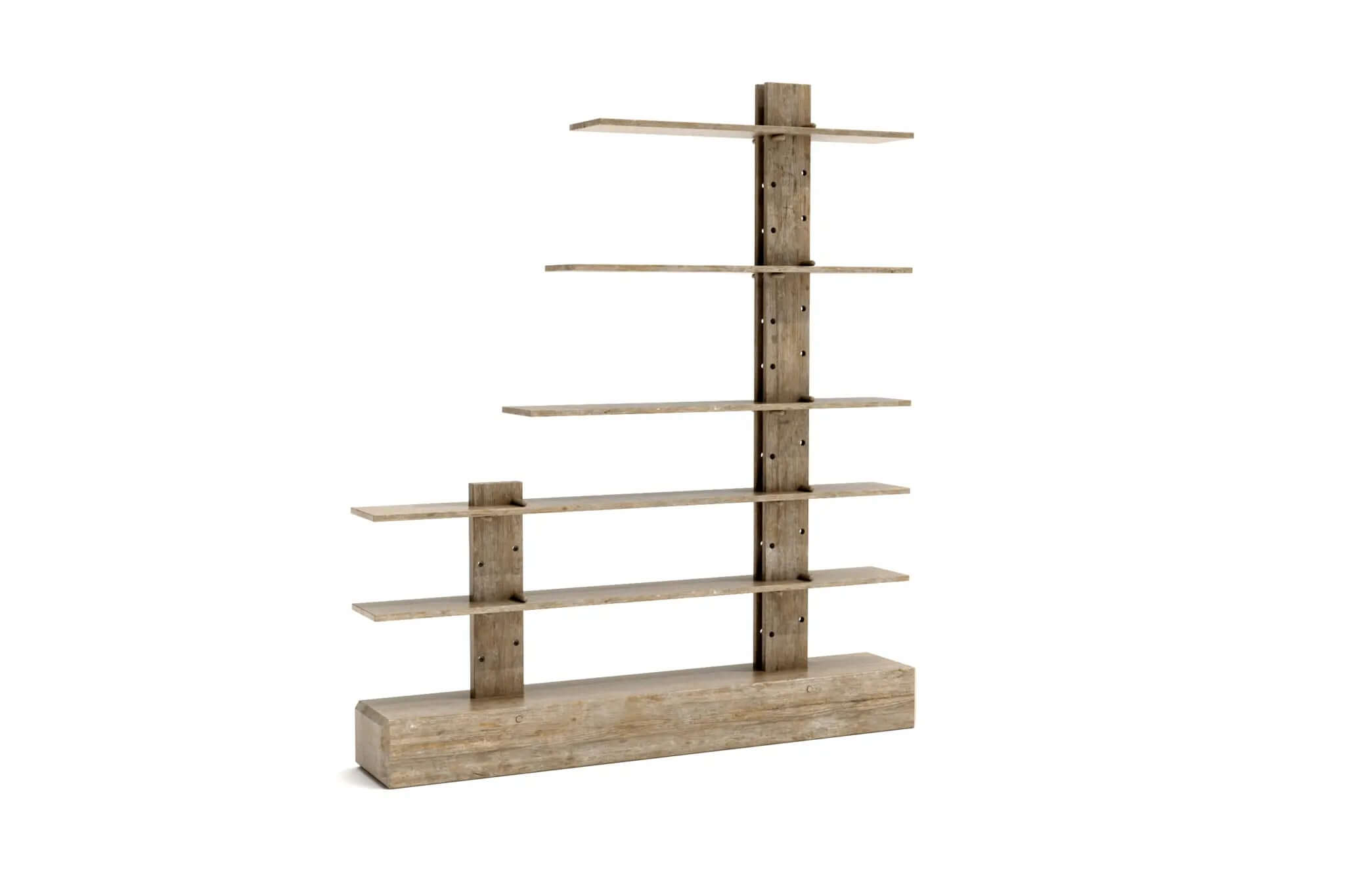 Heritage Ladder Shelf in rustic wood with asymmetrical shelves and modern design