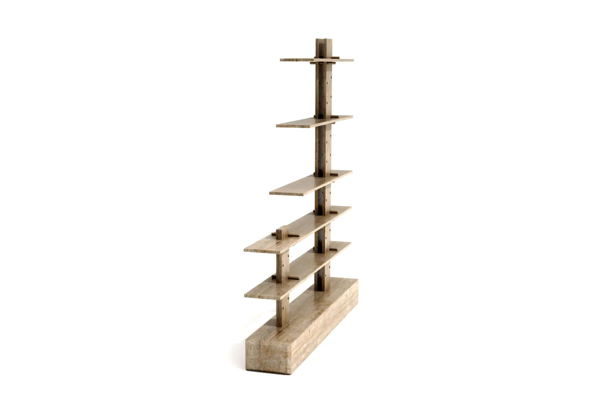 Heritage Ladder Shelf with rustic wood texture and asymmetrical layered design in 3D CAD model