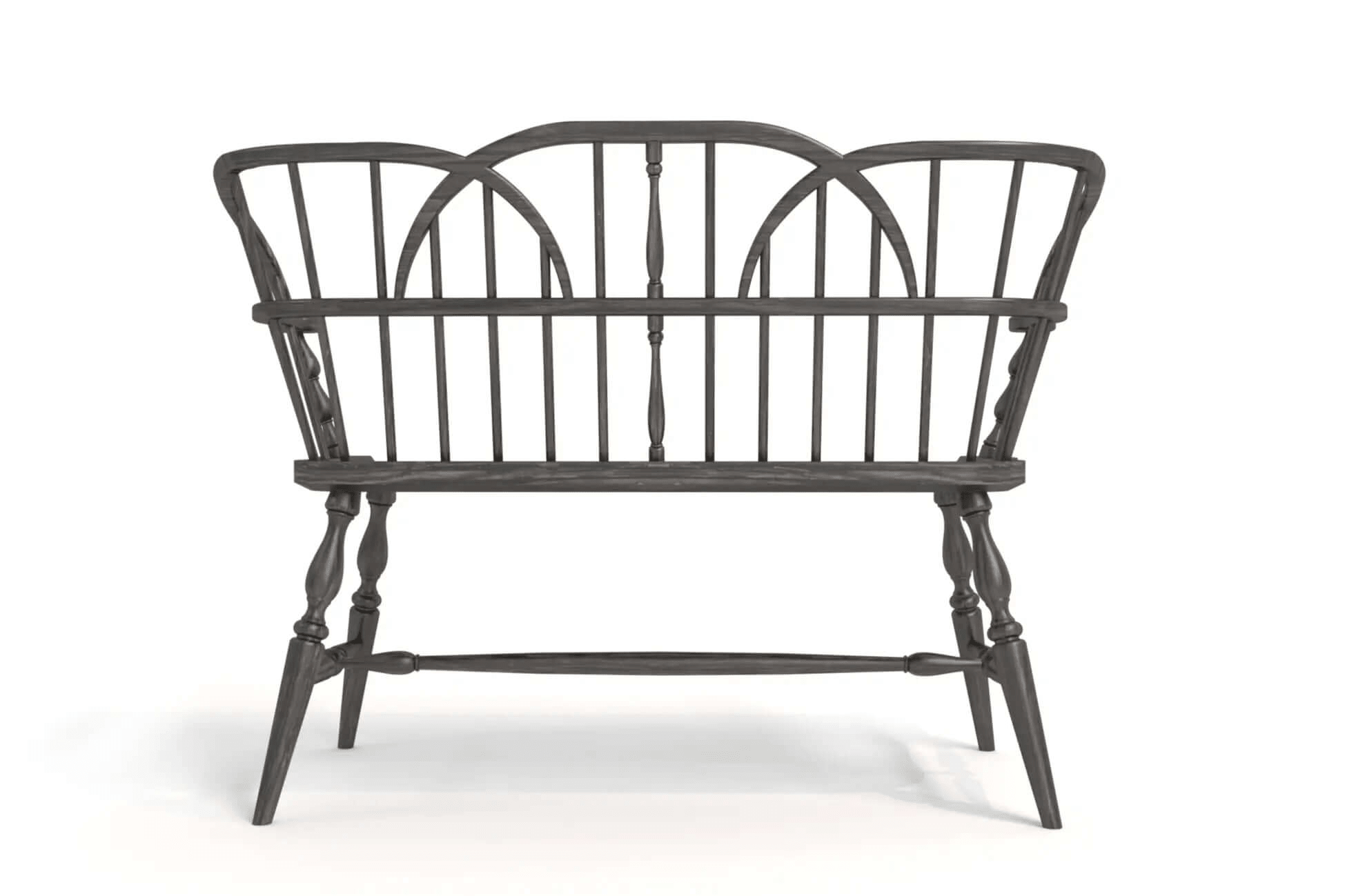 3D CAD design of a solid oak Hoop Back Bench with curved spindles and turned legs