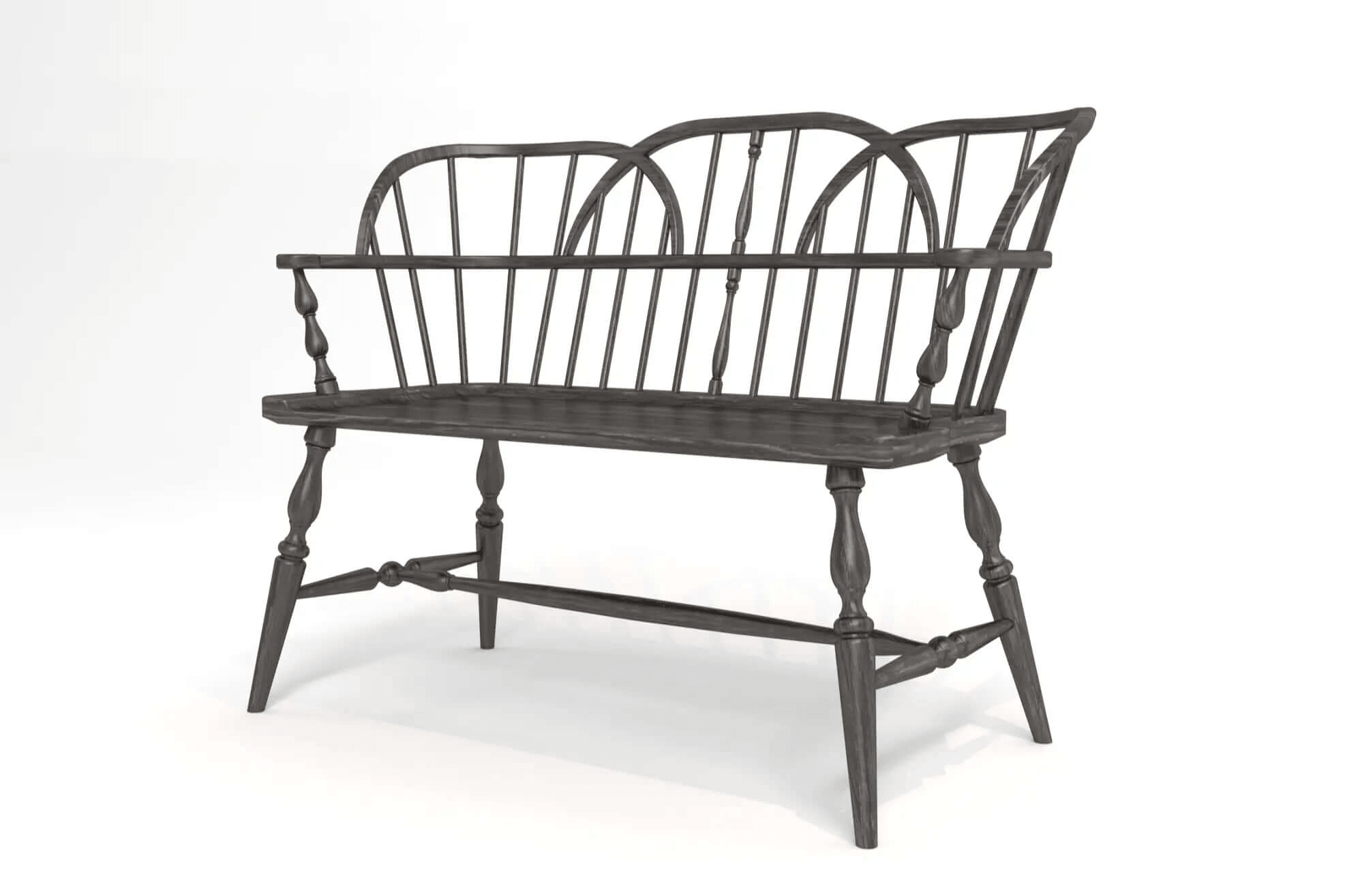 3D CAD model of solid oak Hoop Back Bench with curved hoop-back design and turned legs