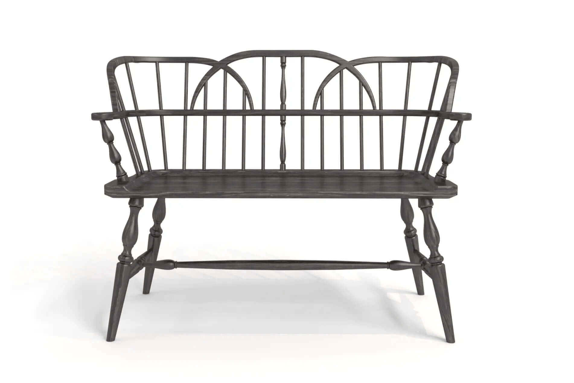 3D CAD model of a solid oak Hoop Back Bench with curved hoop-back design and turned legs