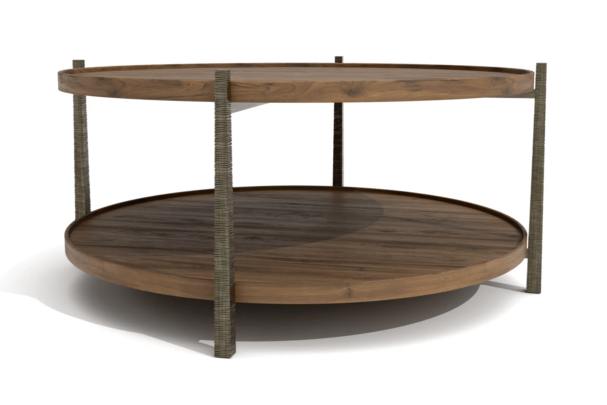 Ironore Coffee Table with double-tiered wooden surfaces and cast-iron legs showing ripple pattern in 3D CAD design