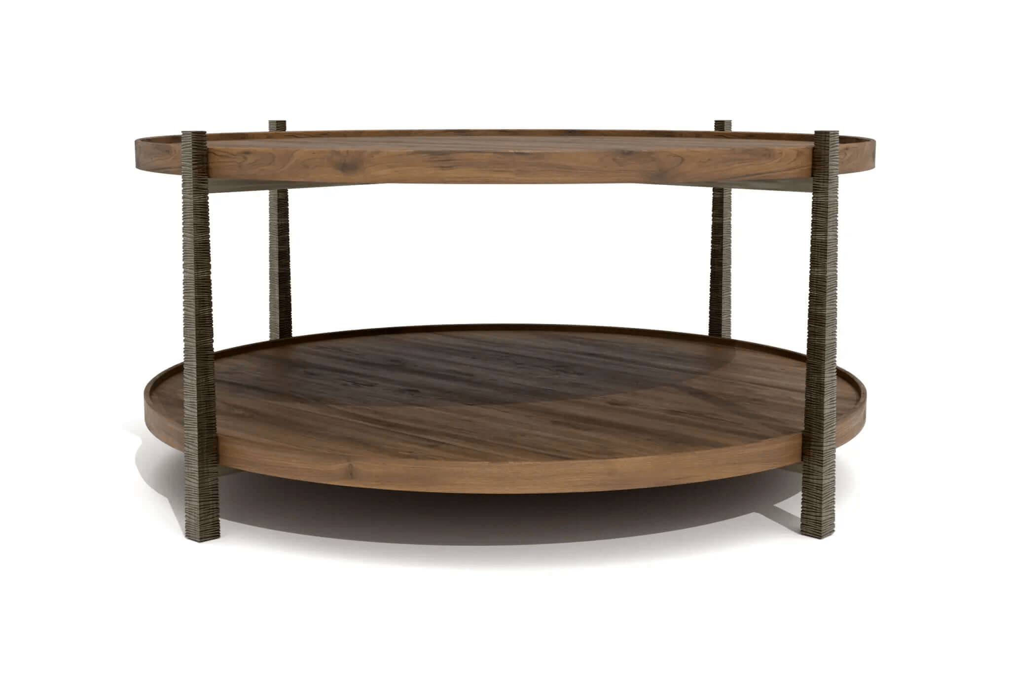 Ironore Coffee Table with double-tiered wood surfaces and cast-iron ripple-patterned legs in 3D CAD design