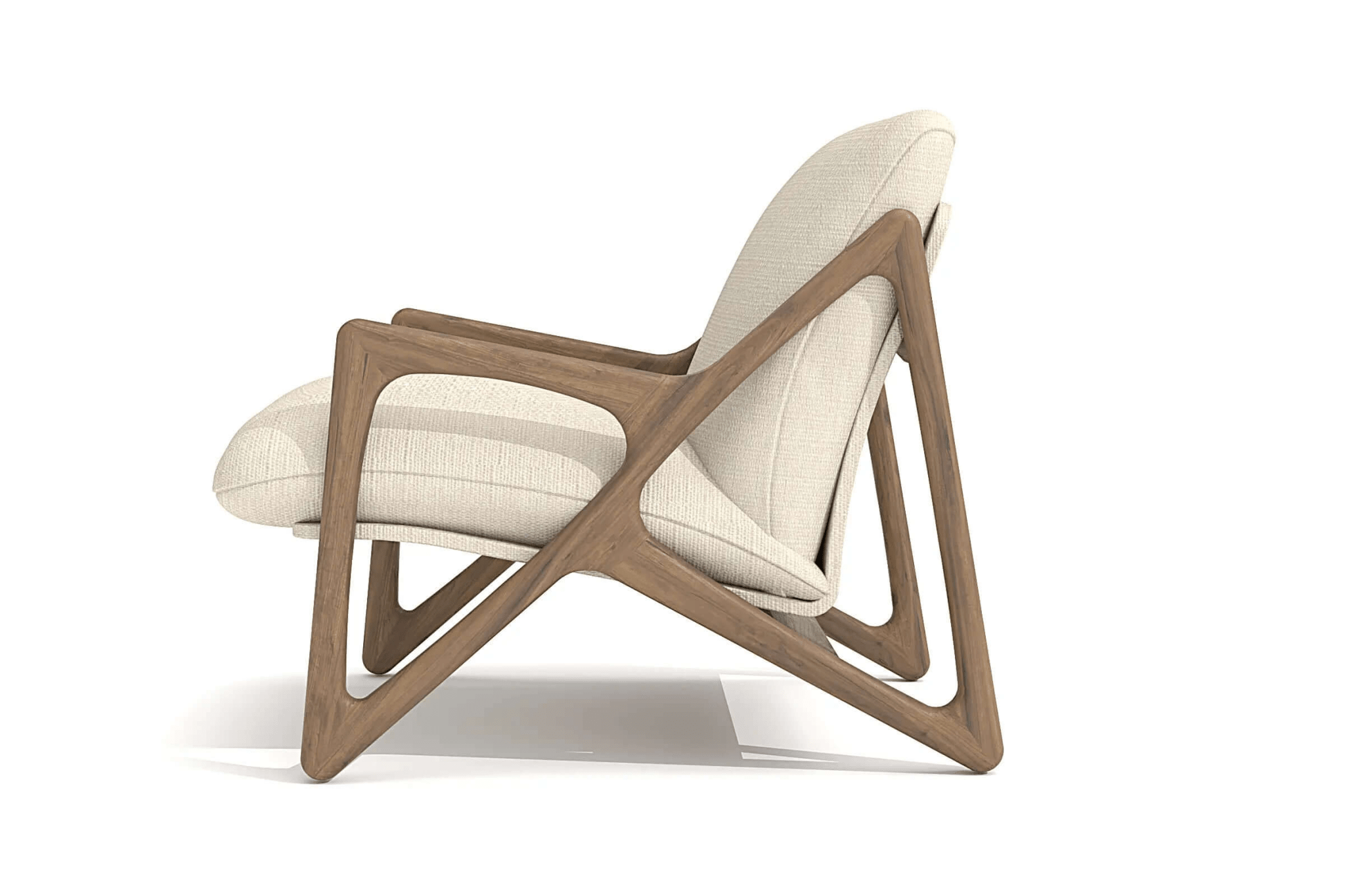 3D CAD model of Janis Lounge Chair with geometric wooden frame and plush cushion design