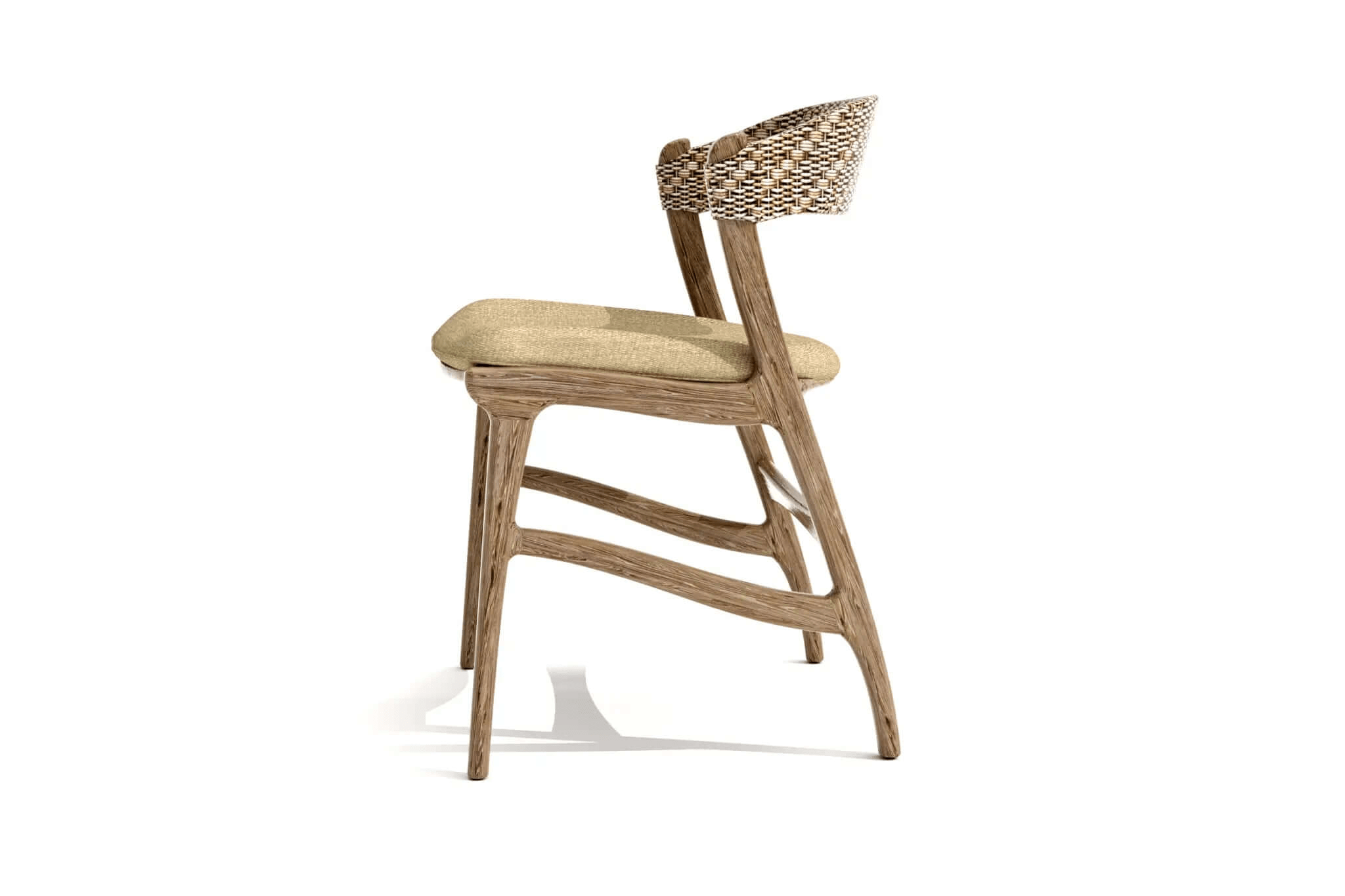 Javier Dining Chair with curved wooden frame, woven rattan backrest, and upholstered seat in natural fabric, stylish and ergonomic design
