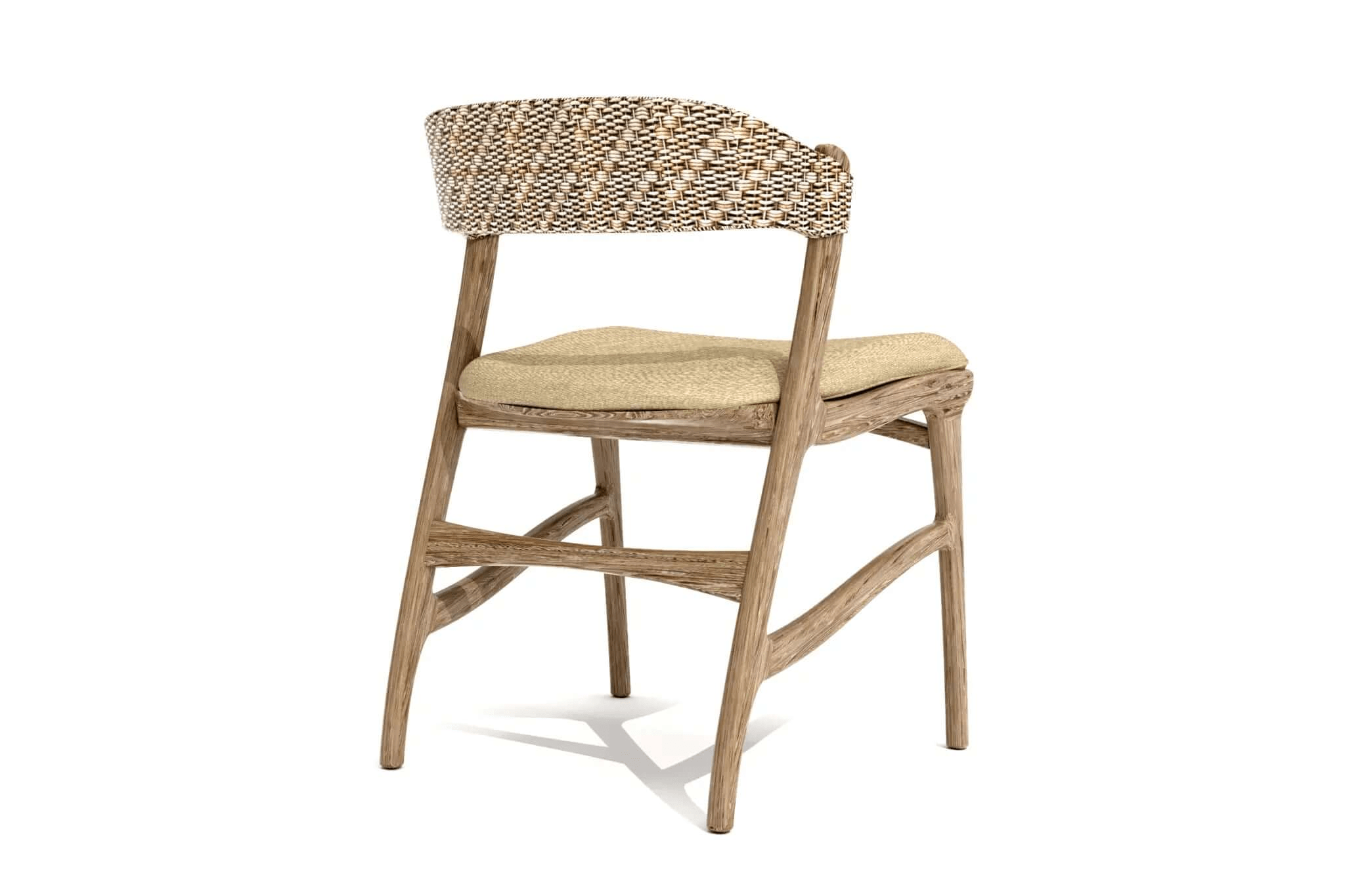 Javier Dining Chair with curved wooden frame, woven rattan backrest, and upholstered seat in natural fabric