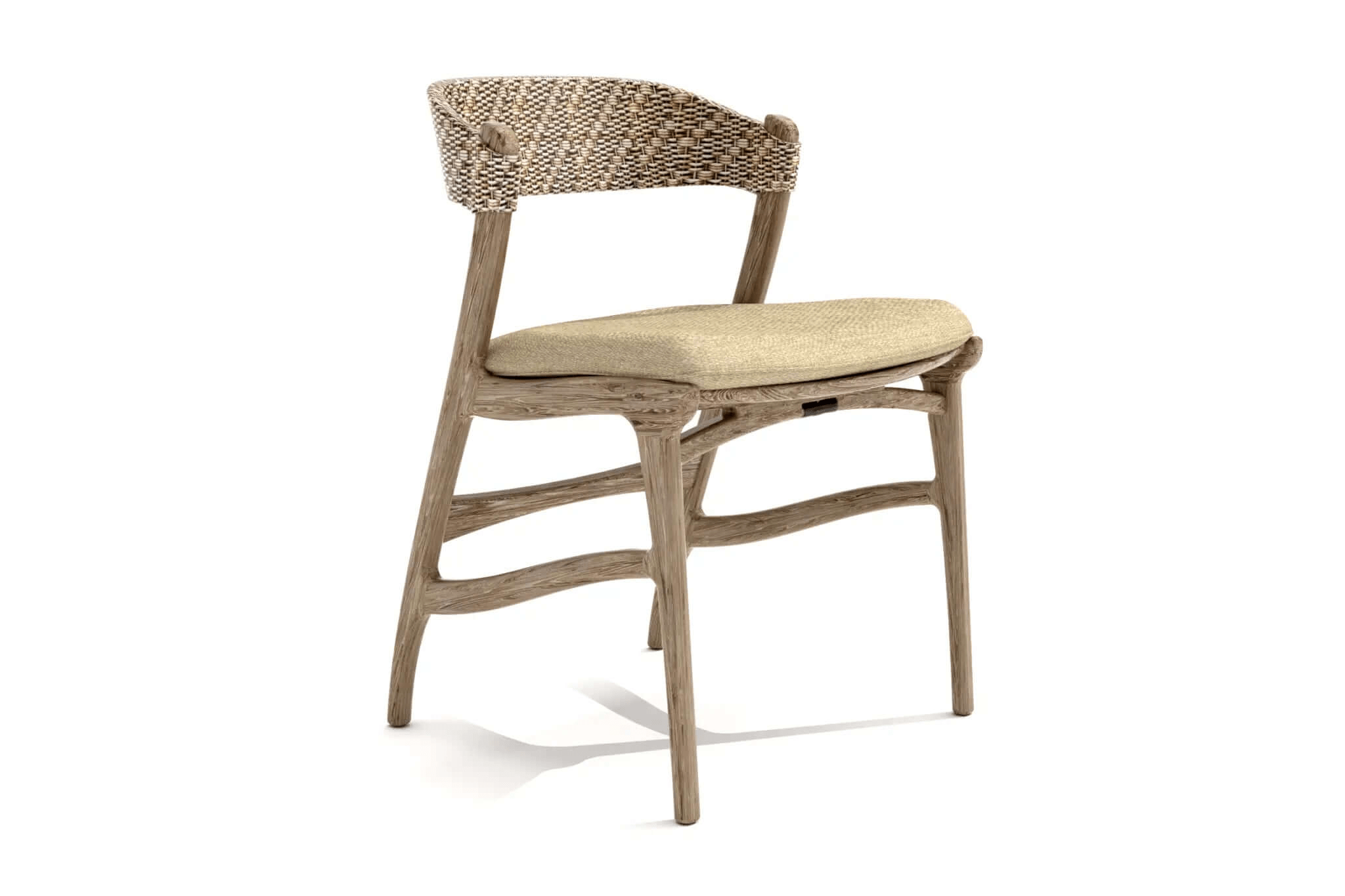 Javier Dining Chair with curved wooden frame, woven rattan backrest, and upholstered neutral seat in 3D CAD rendering